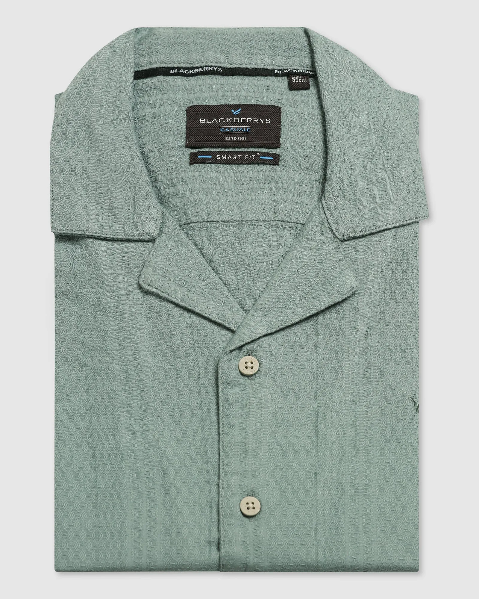 Casual Half Sleeve Green Textured Shirt - Elister Anti Pilling Treatment Party Ready