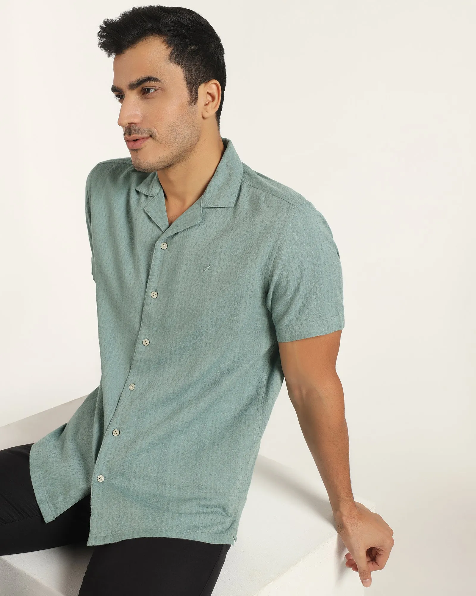 Patterned Design Casual Half Sleeve Green Textured Shirt - Elister