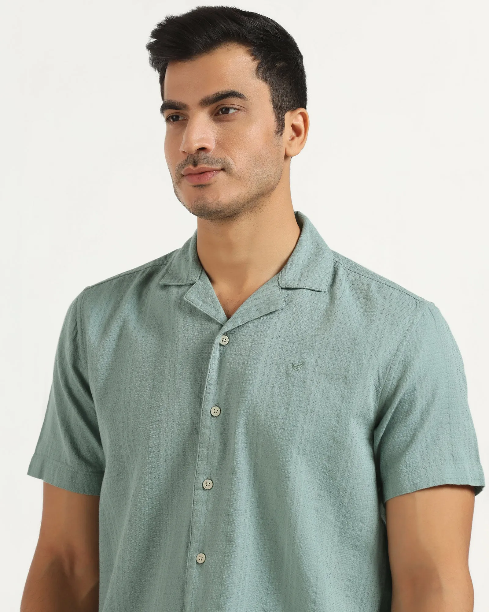 Minimalist Aesthetic Casual Half Sleeve Green Textured Shirt - Elister