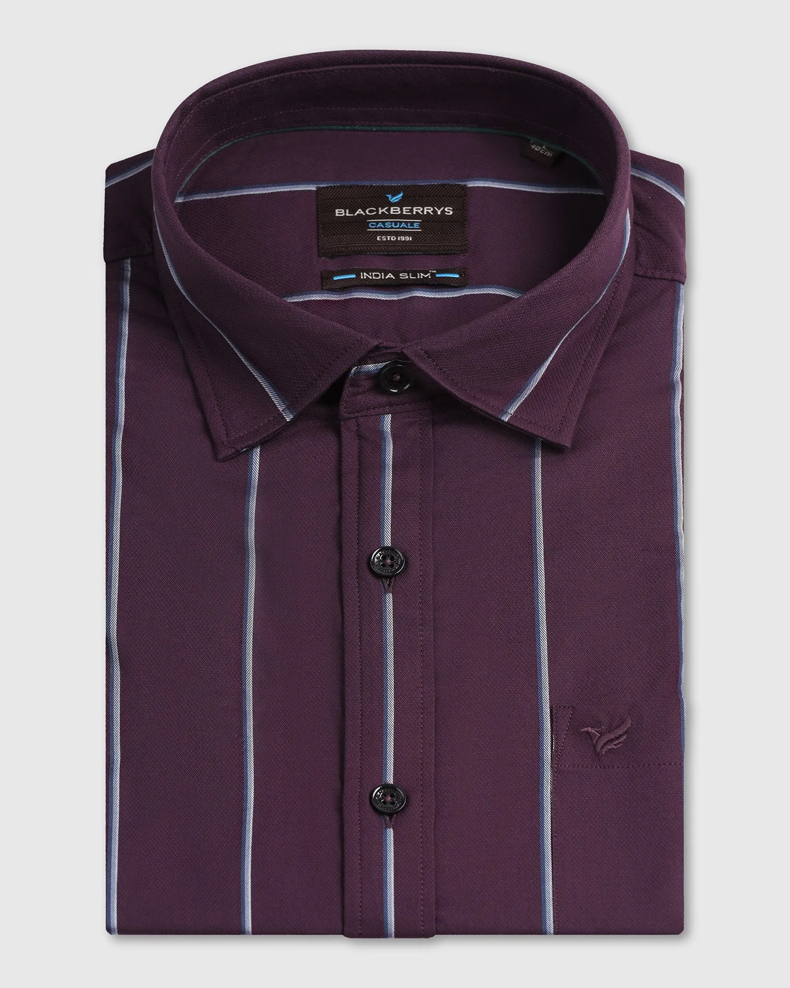 Adjustable Cuff Closure Wine Half Sleeve Stripe Shirt - Huon