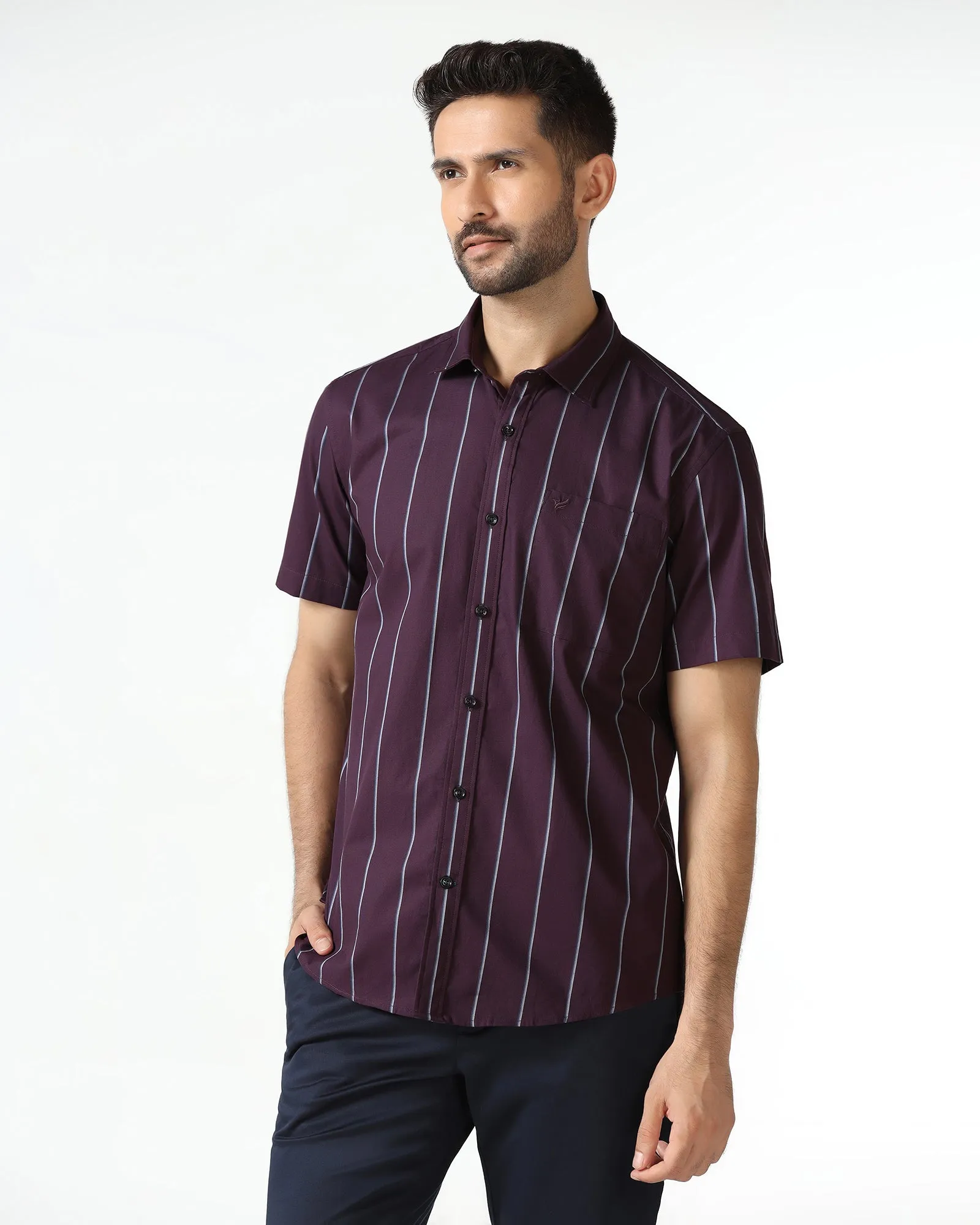 Wine Half Sleeve Stripe Shirt - Huon Functional Fashion Travel Friendly