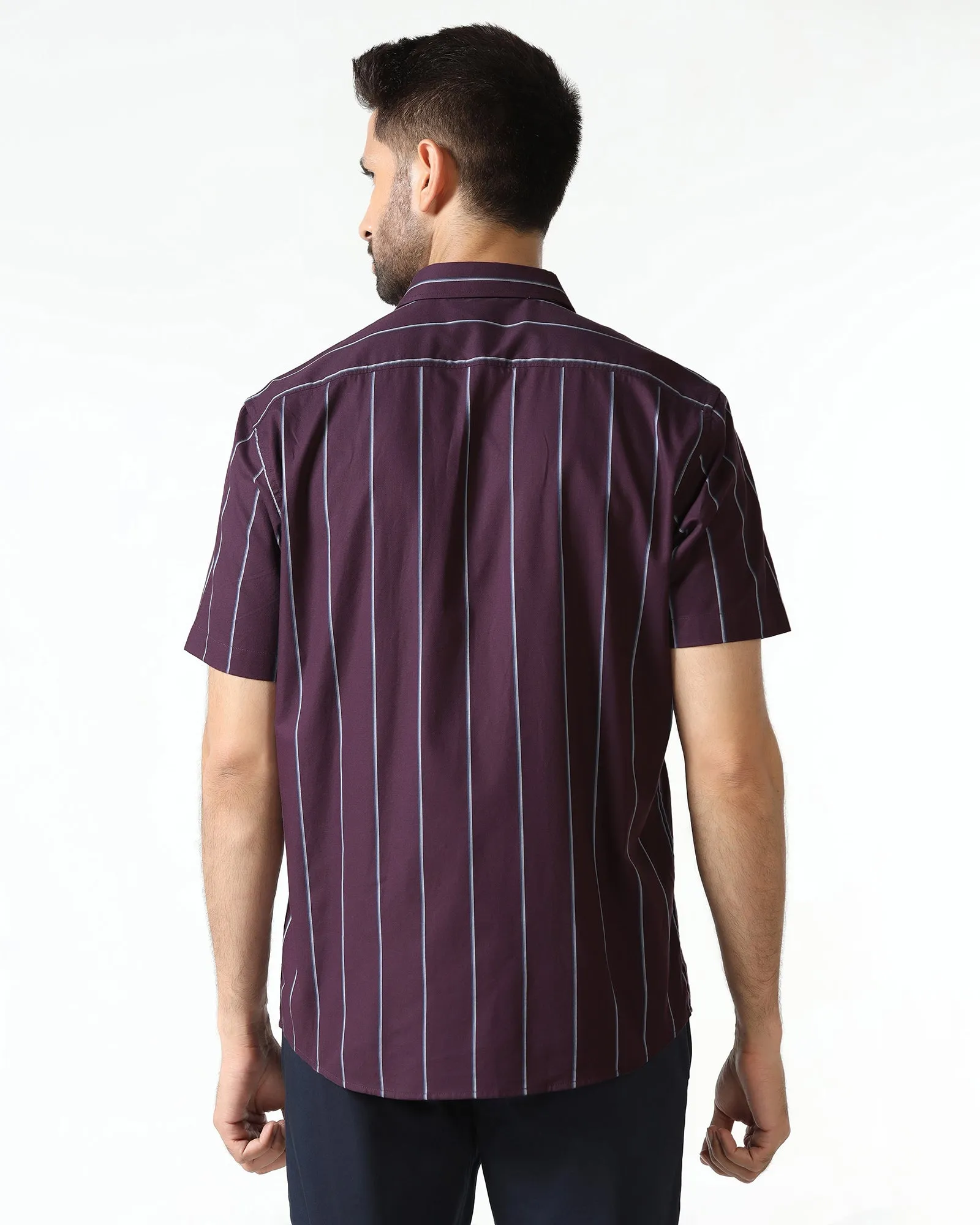 Wine Half Sleeve Stripe Shirt - Huon Trendy designs Matte Look