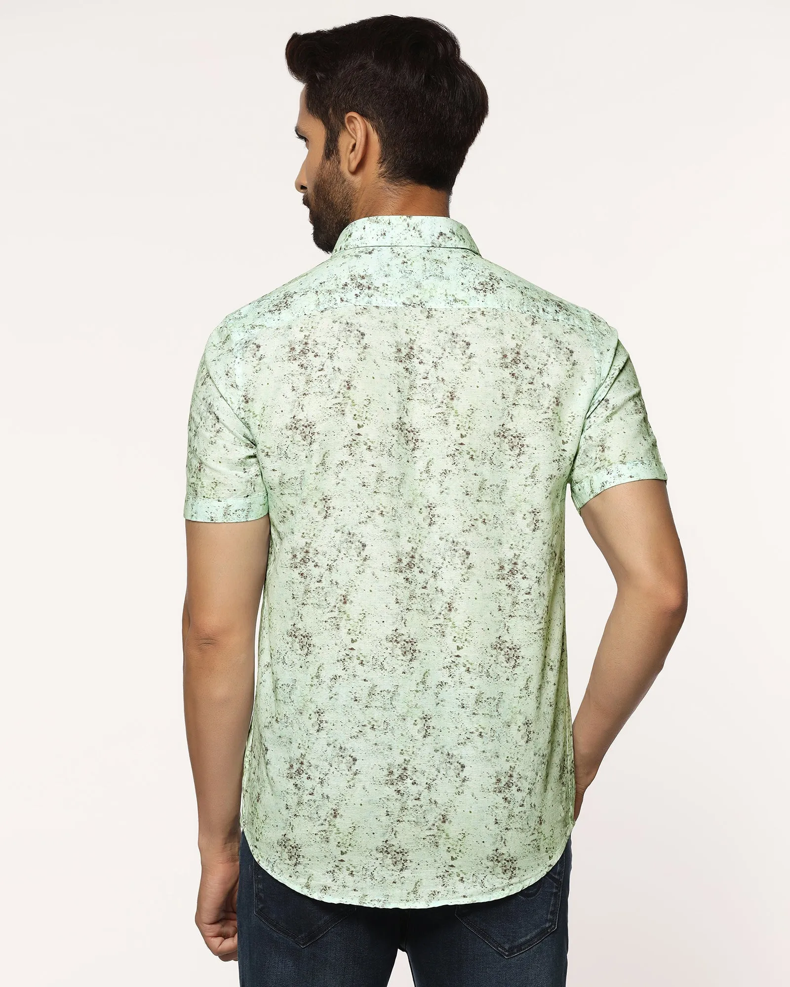 Linen Casual Half Sleeve Grey Printed Shirt - gabin Mountain Escape fade resistant color