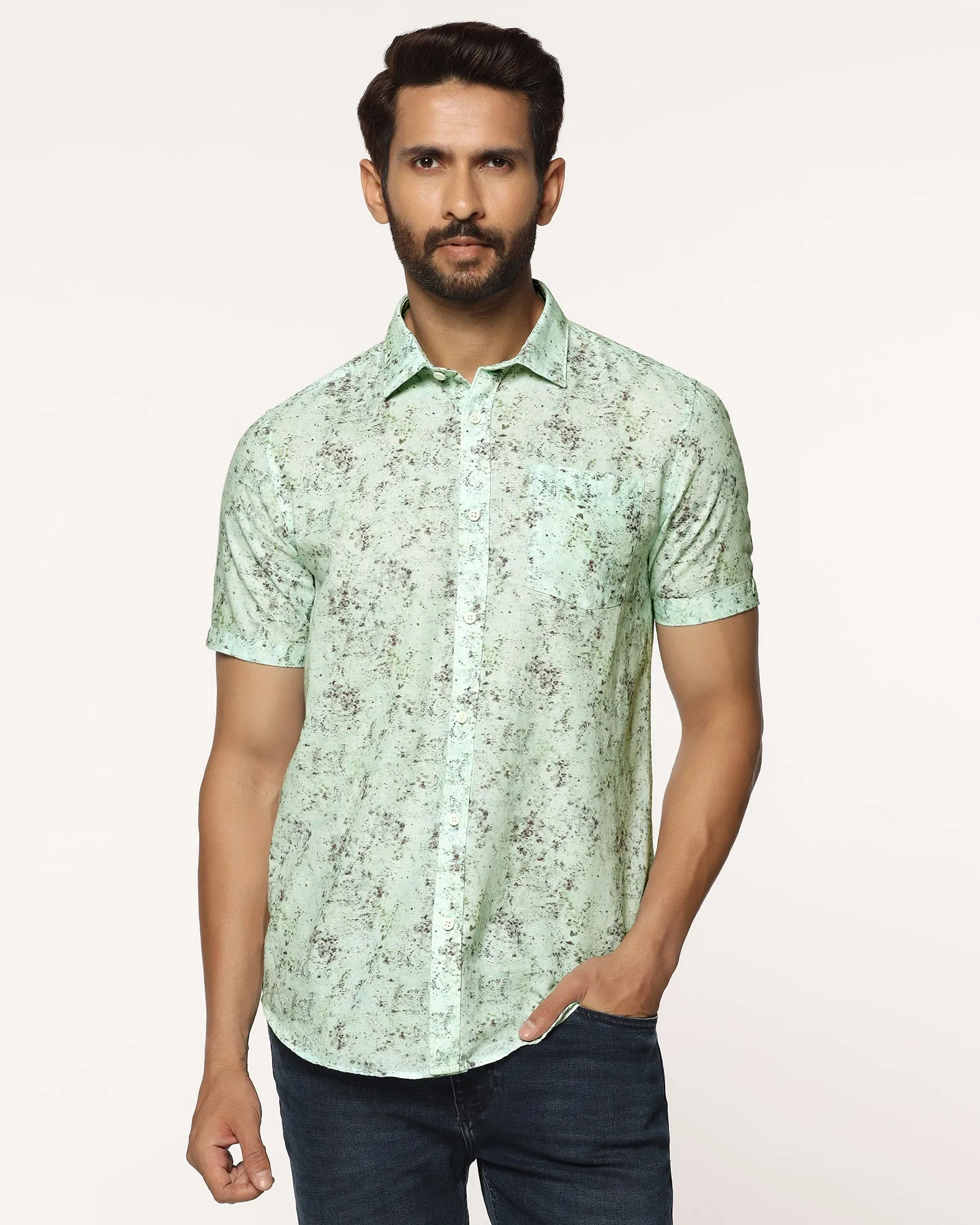 Cool Comfort Linen Casual Half Sleeve Grey Printed Shirt - gabin