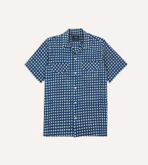 Navy Gingham Check Block Print Cotton Camp Collar Short Sleeve Shirt Contemporary Look Reinforced Shoulders