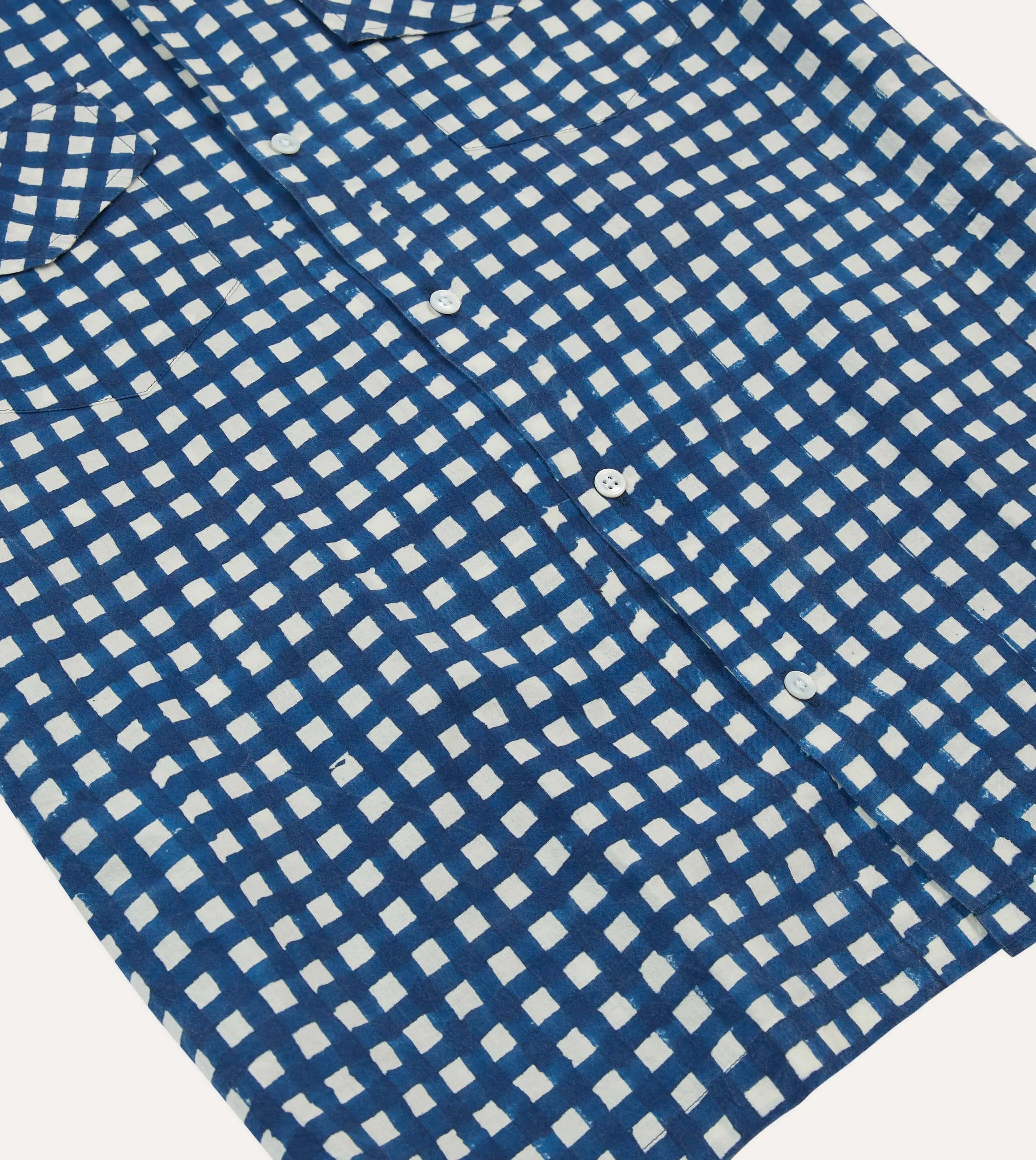 ethical fashion Casual Friday Navy Gingham Check Block Print Cotton Camp Collar Short Sleeve Shirt