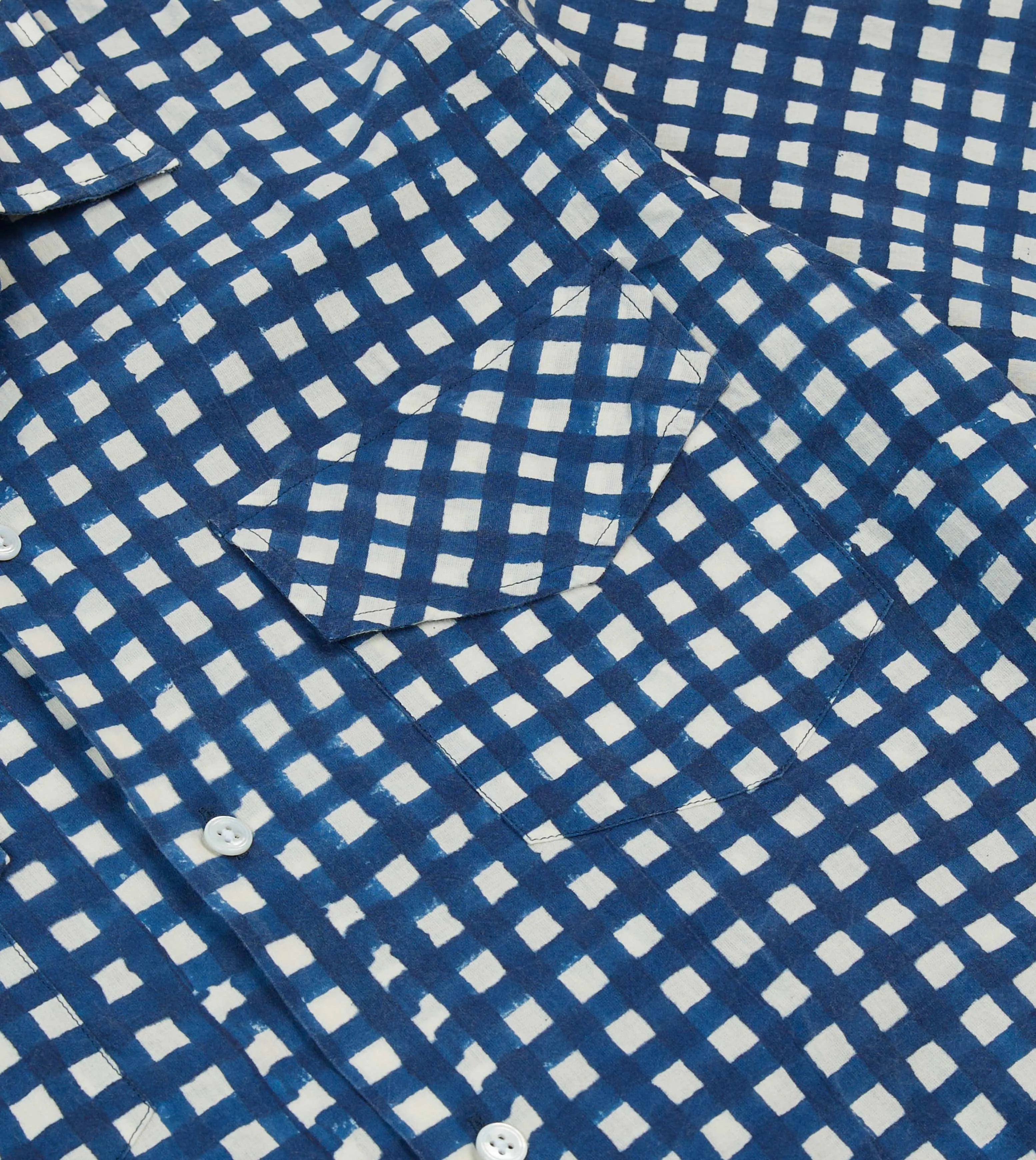 Navy Gingham Check Block Print Cotton Camp Collar Short Sleeve Shirt Winter Comfort Eco Friendly Dye