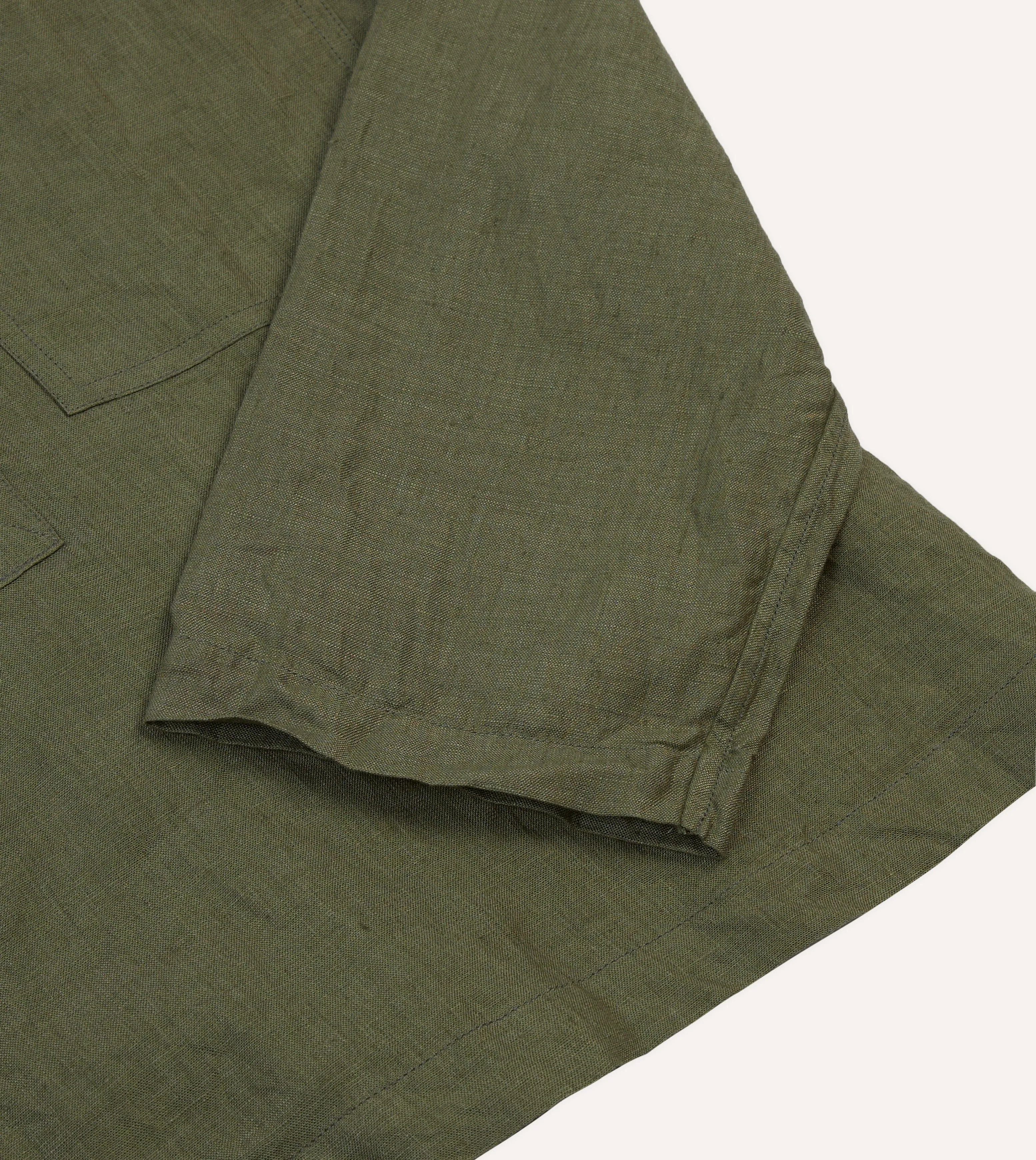 Coffee Run Olive Linen Mandarin Collar Popover Shirt