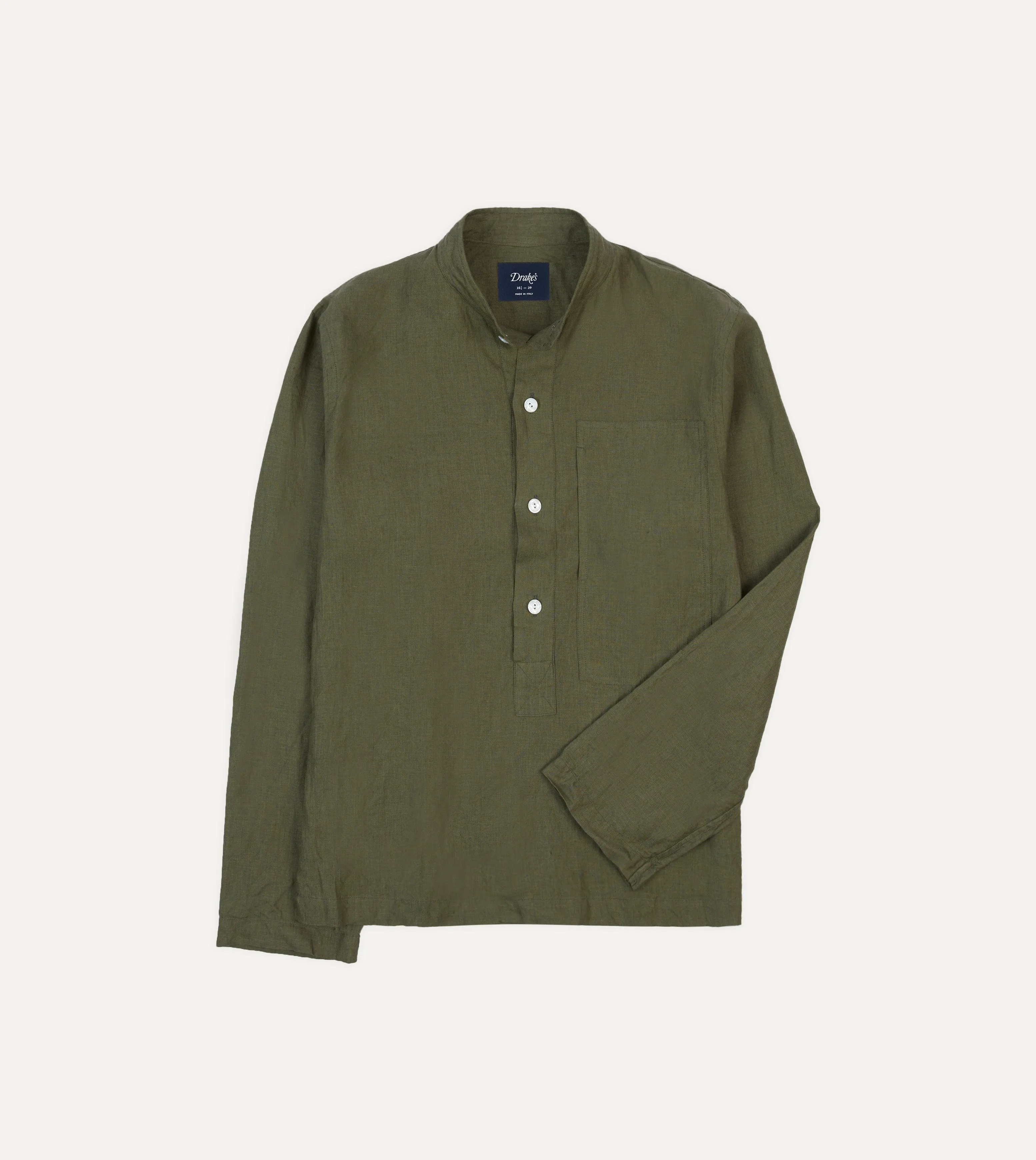 Olive Linen Mandarin Collar Popover Shirt Work From Home Ethical production