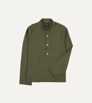 Olive Linen Mandarin Collar Popover Shirt Work From Home Ethical production