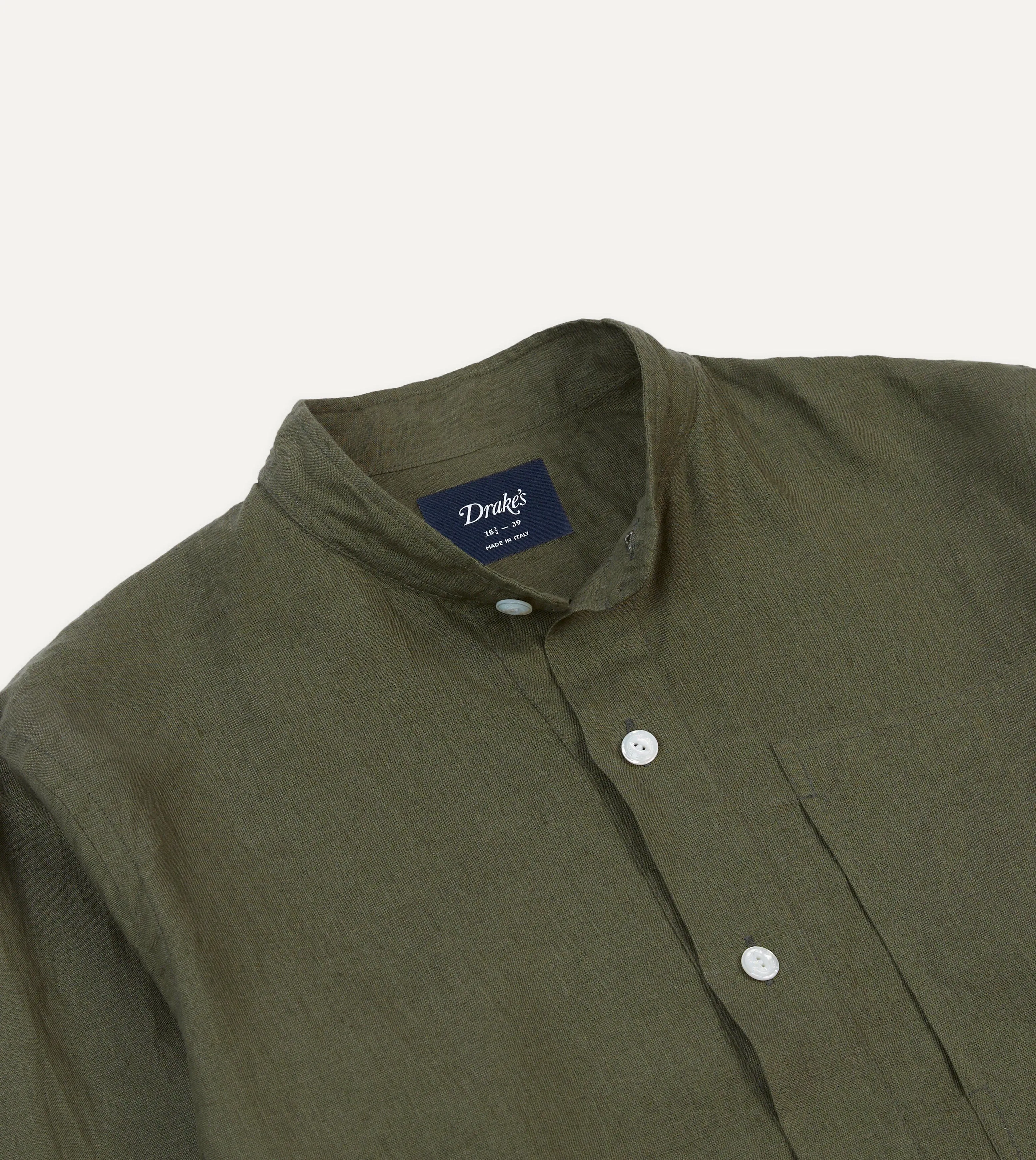 Olive Linen Mandarin Collar Popover Shirt Bold Statement