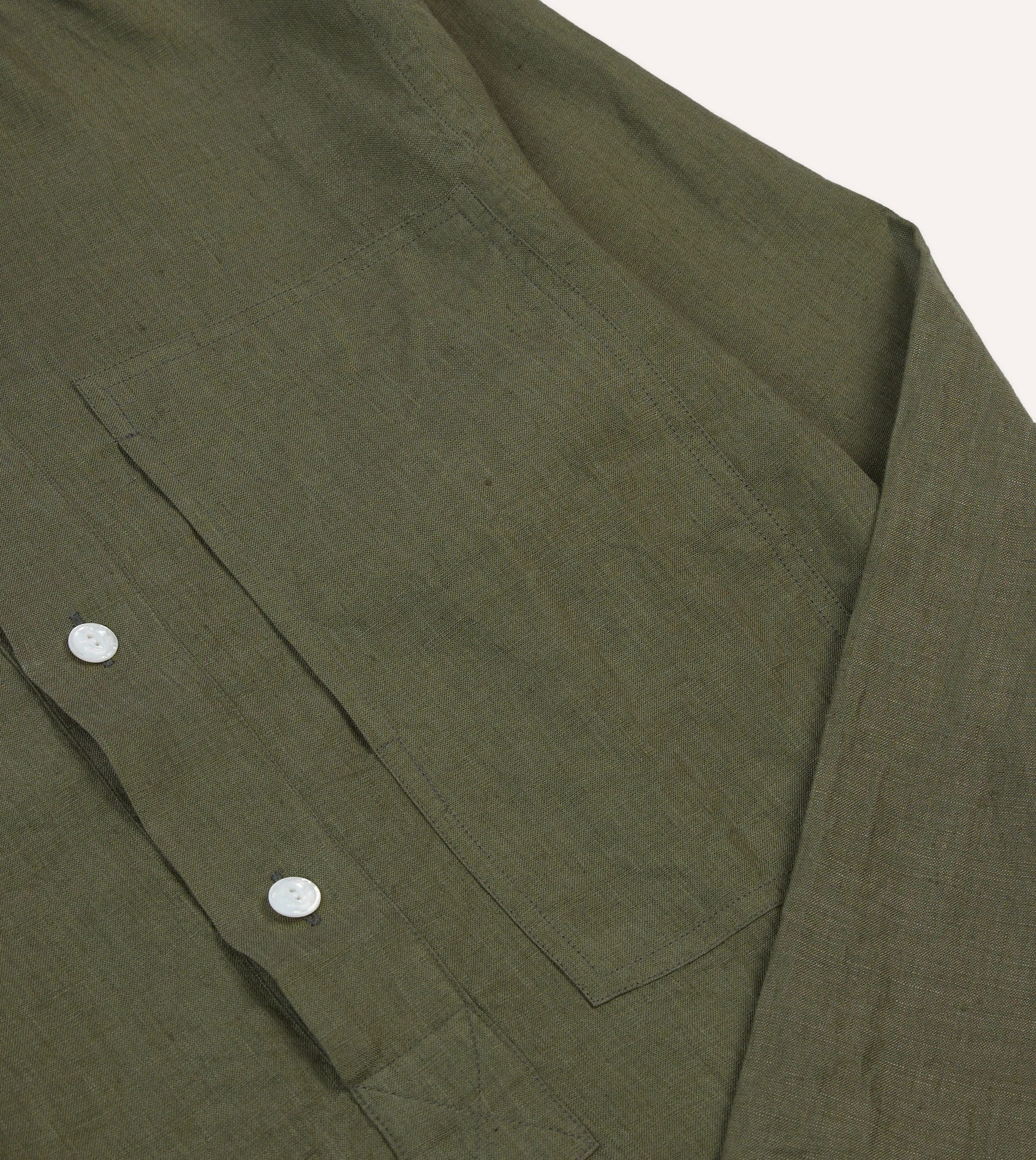 No Slip Shoulder Grip Abrasion Resistant Edges Olive Linen Mandarin Collar Popover Shirt
