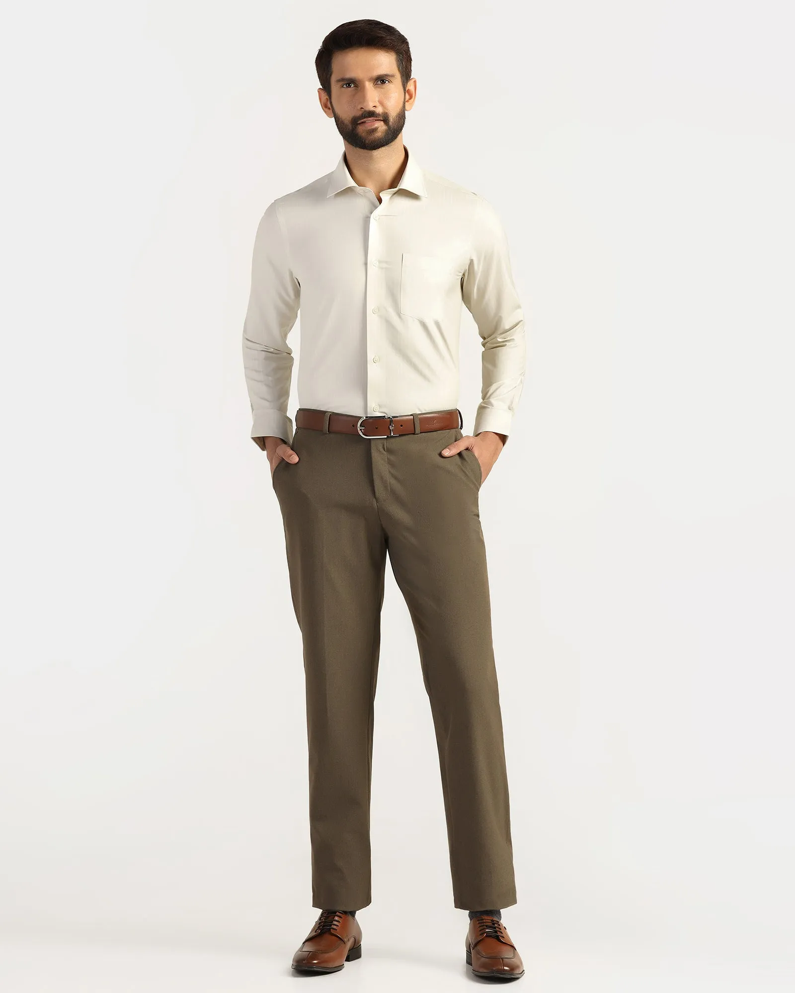 Non Iron Formal Beige Stripe Shirt - Wagon Work Appropriate Street Style