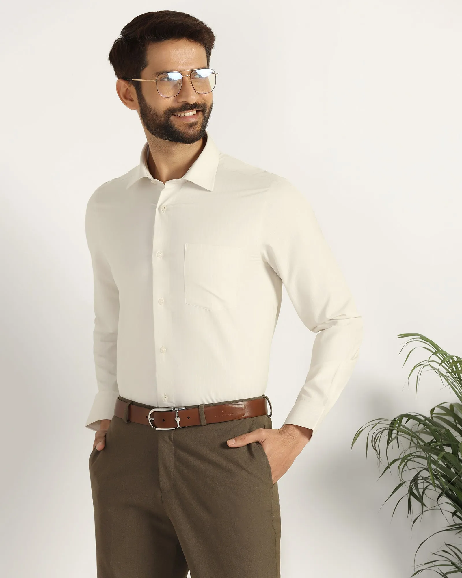Cuffed hem Non Iron Formal Beige Stripe Shirt - Wagon