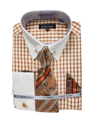 Checkered Look Smooth Finish AVANTI UOMO WINDOW PANE WHITE COLLAR CUFF WITH STONE COLLAR BAR DN128M RUST