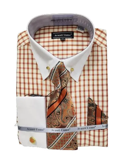 Checkered Look Smooth Finish AVANTI UOMO WINDOW PANE WHITE COLLAR CUFF WITH STONE COLLAR BAR DN128M RUST