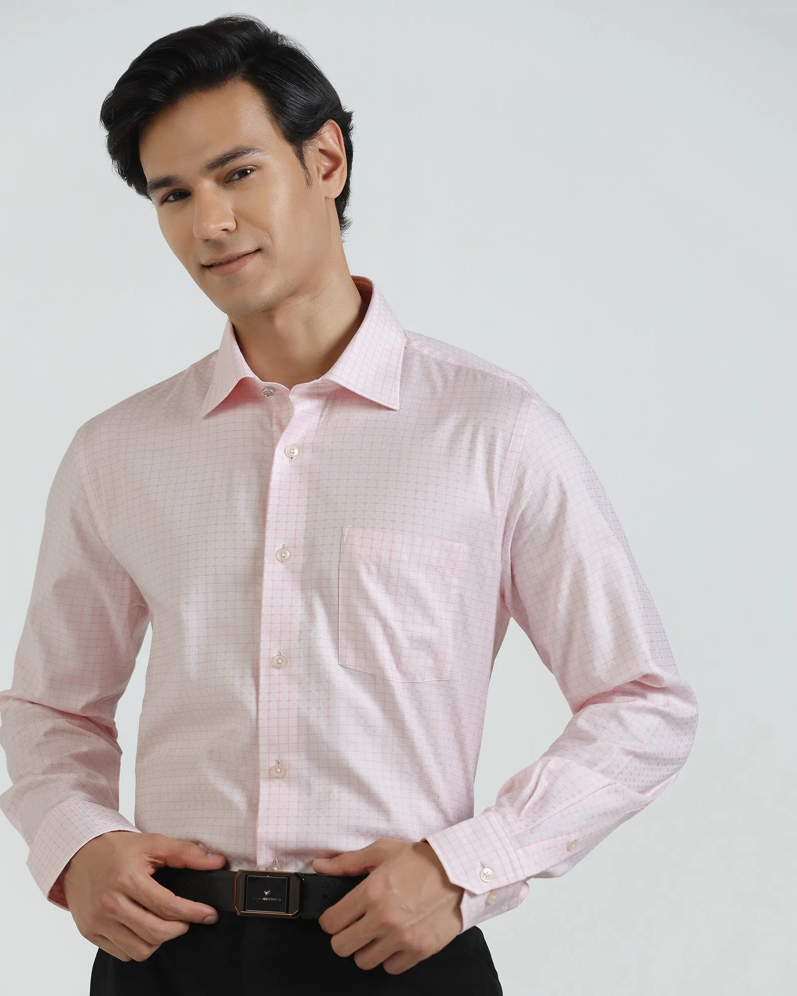 Stretchy Cloth Flexible Shoulder Panels Formal Pink Check Shirt - Cosmic Fashion staples