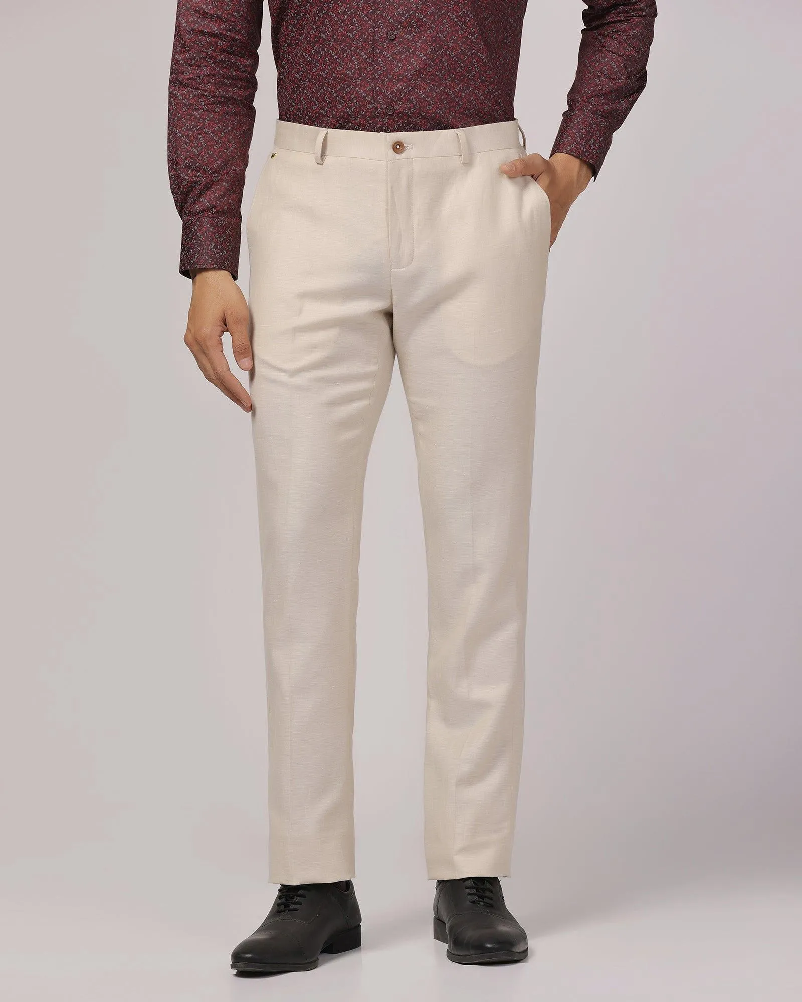 Luxe Linen Slim Comfort B-95 Formal Beige Solid Trouser - Platina All Season