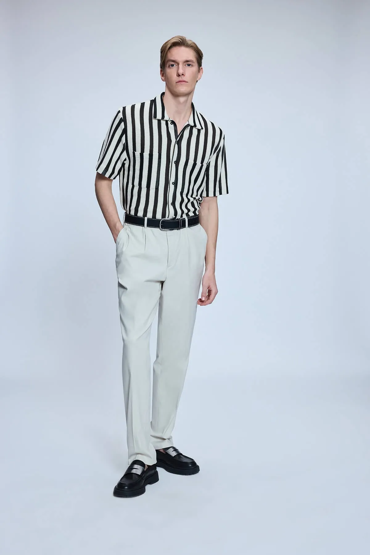 Timeless Style Regular Fit Ecru - Black Striped Cotton Blend Polo T-Shirt