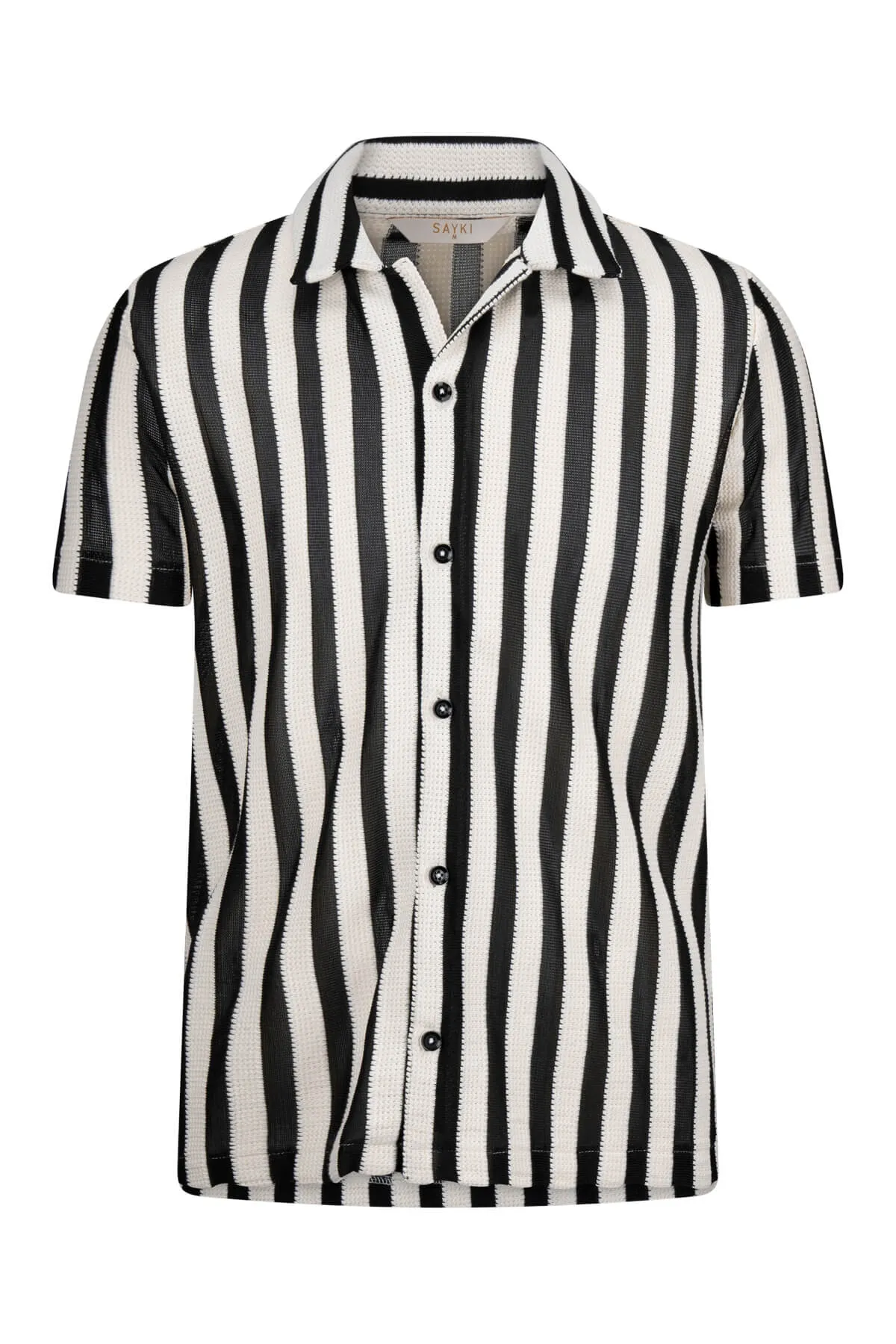 Classic Neckline Formal Edge Regular Fit Ecru - Black Striped Cotton Blend Polo T-Shirt