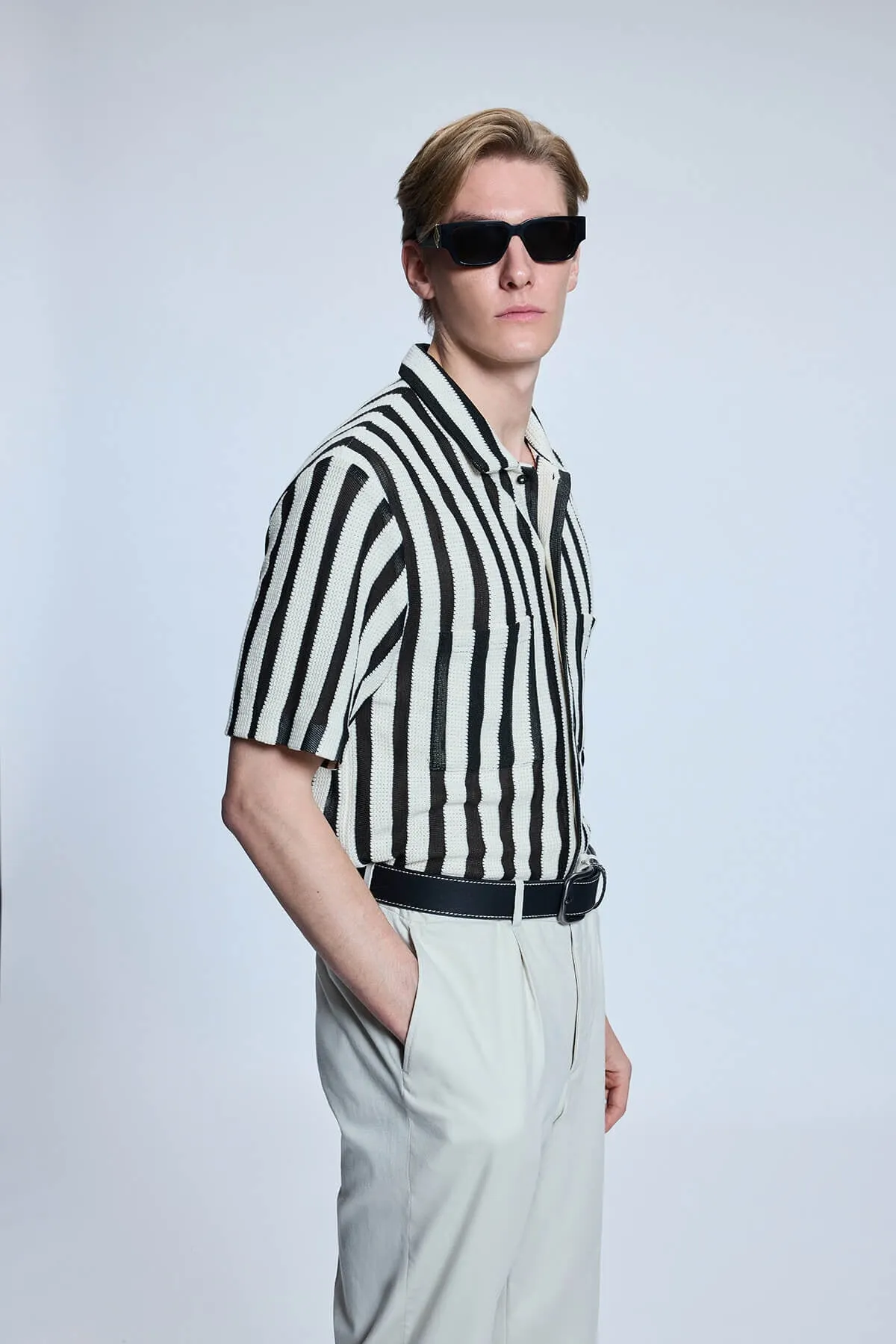 Timeless Wear Regular Fit Ecru - Black Striped Cotton Blend Polo T-Shirt