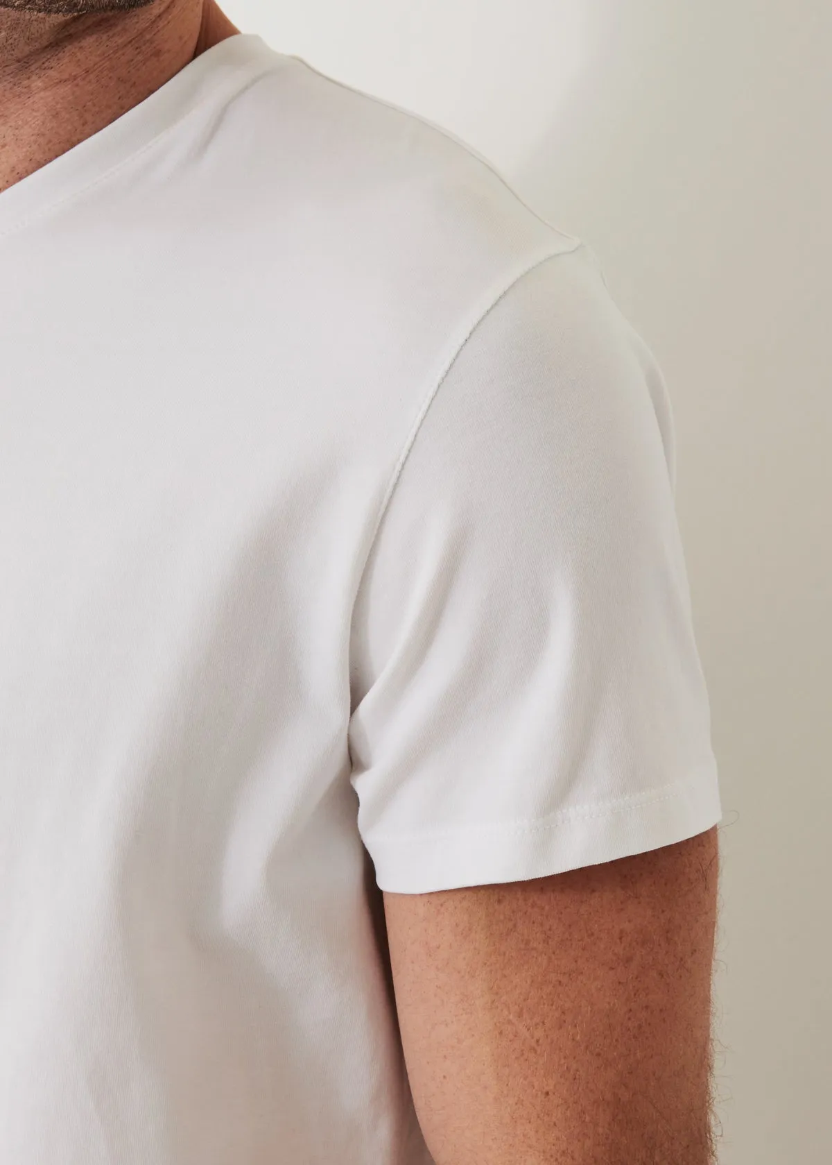 Brushed Interior Lining Iconic Pima Cotton Stretch V-Neck Tee Shirt - White