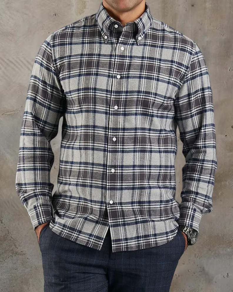 Dark Gull Grey Navy Plaid Flannel Shirt Pure Fit