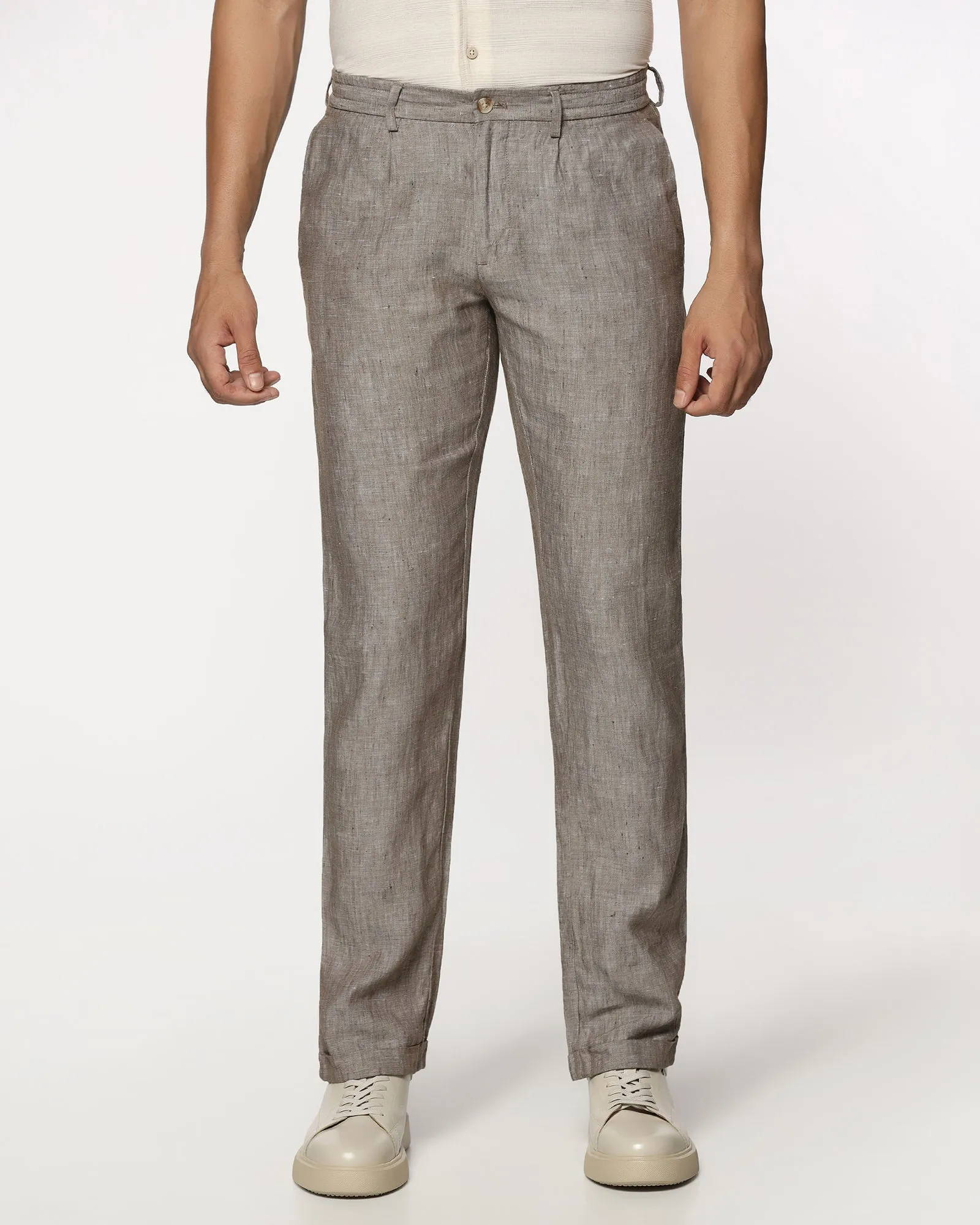 Linen Slim Comfort B-95 Casual Mouse Solid Khakis - Chales Comfort Base