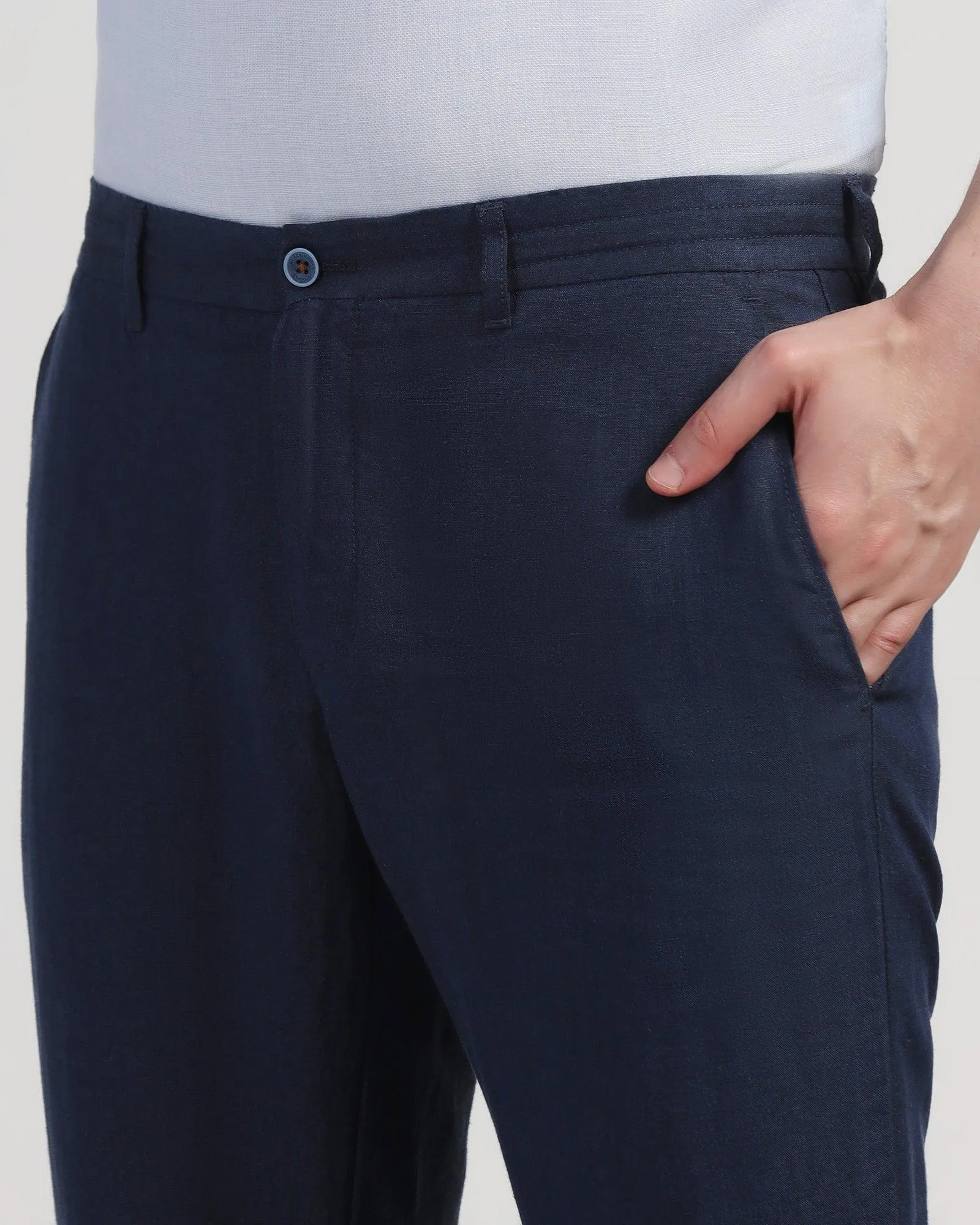 Linen Slim Comfort Casual Navy Solid Khakis - Silver DoubleLayeredFabric Flexibility Fit