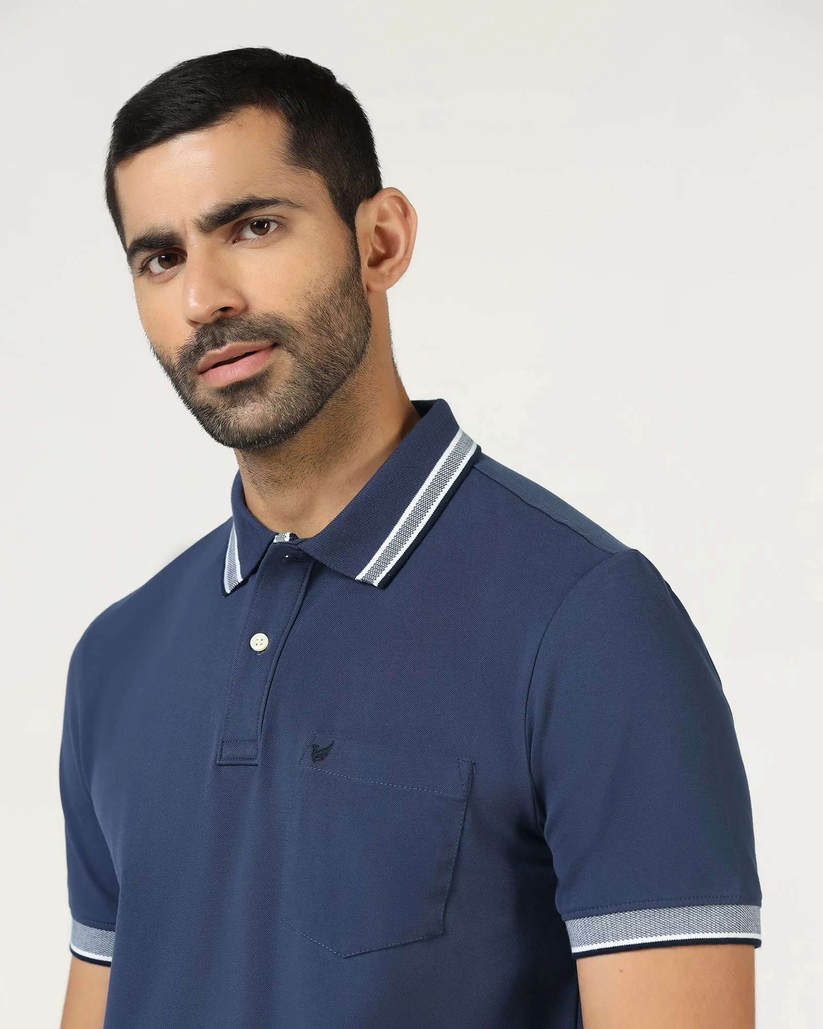 Microfiber Textile Mid Blue Solid Polo - Taurus