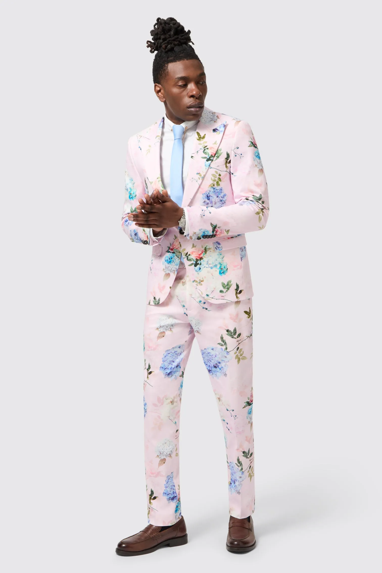 Pickhurst Slim Fit Pink Floral Cotton Trousers PillingResistant