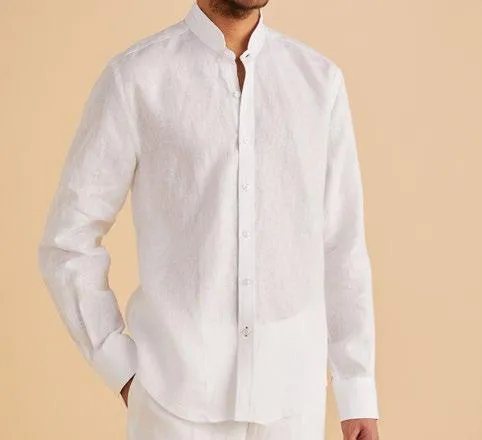 Inserch LS Linen Banded Collar Shirt LS716-00002 White Rain Fit Elegant Top
