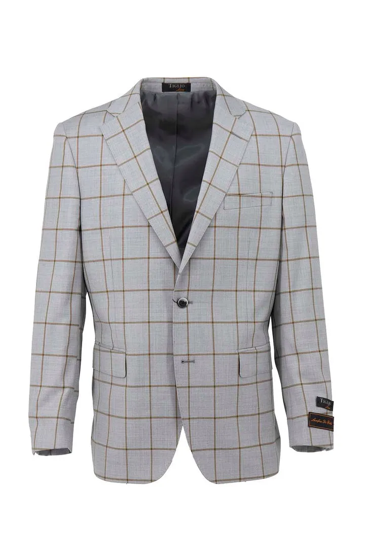 Tiglio Luxe Gray with Brown Windowpane Dolcetto Modern Fit, Pure Wool Jacket TL5547 Anti Slip Shoulder Layered Collar Design