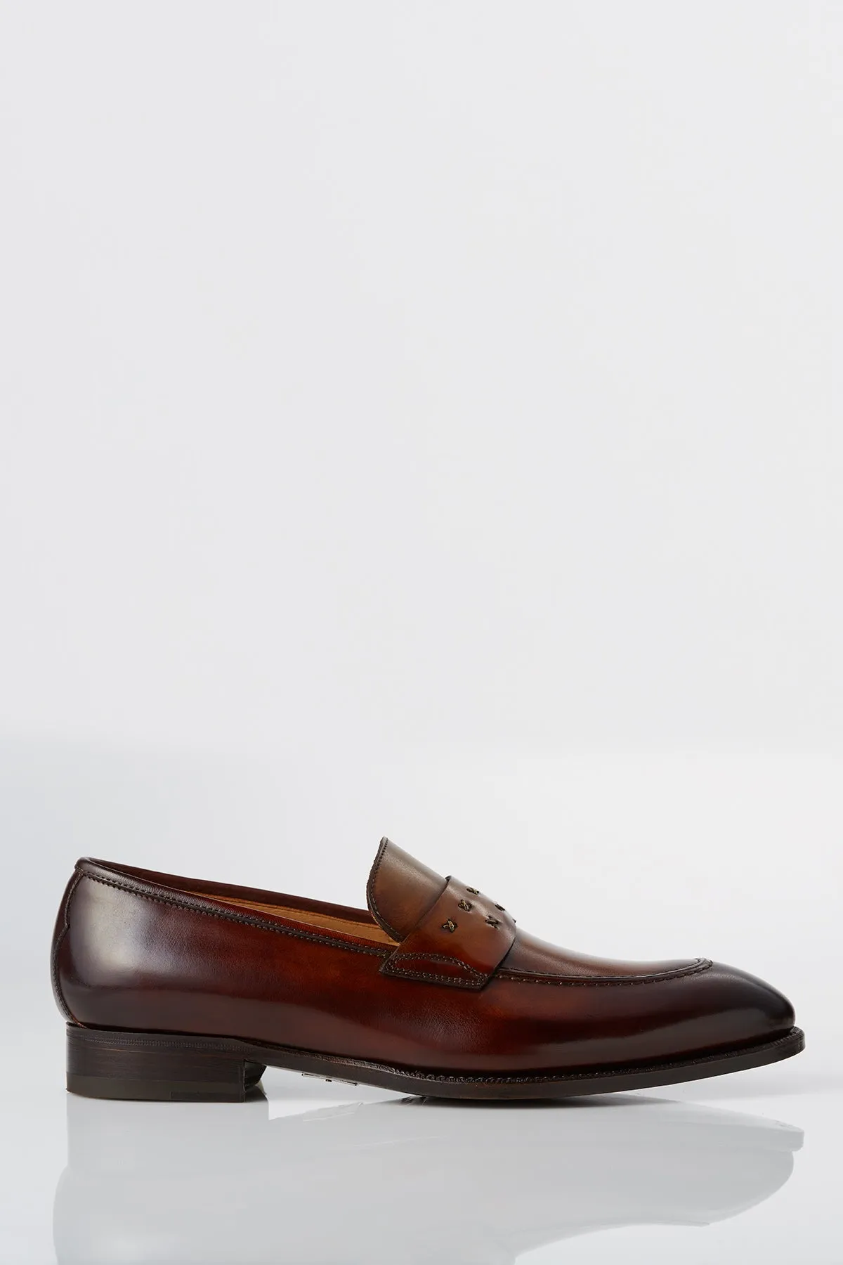 David August Leather Cross Stitched Penny Loafers in Whiskey Brown Quick Dash White Clean