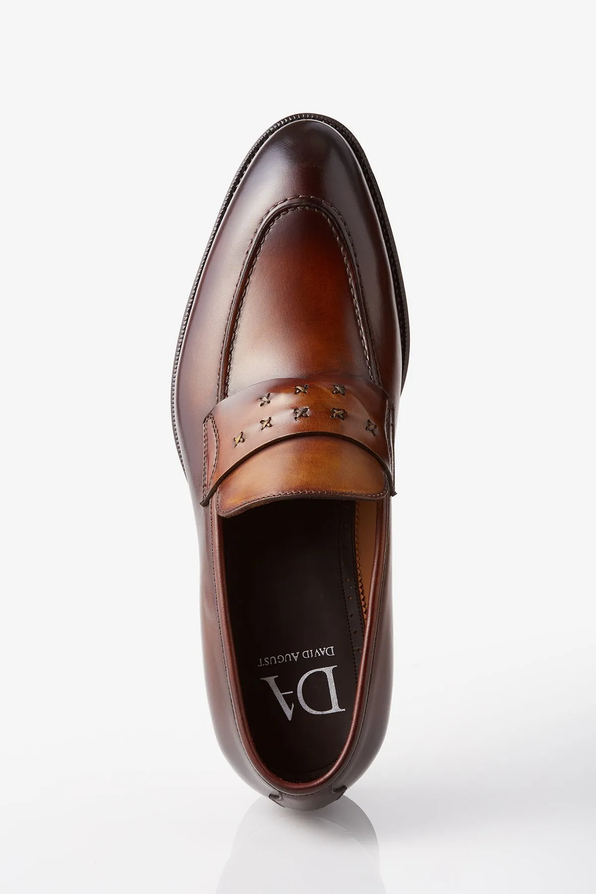 David August Leather Cross Stitched Penny Loafers in Whiskey Brown Feather Light City Adventure
