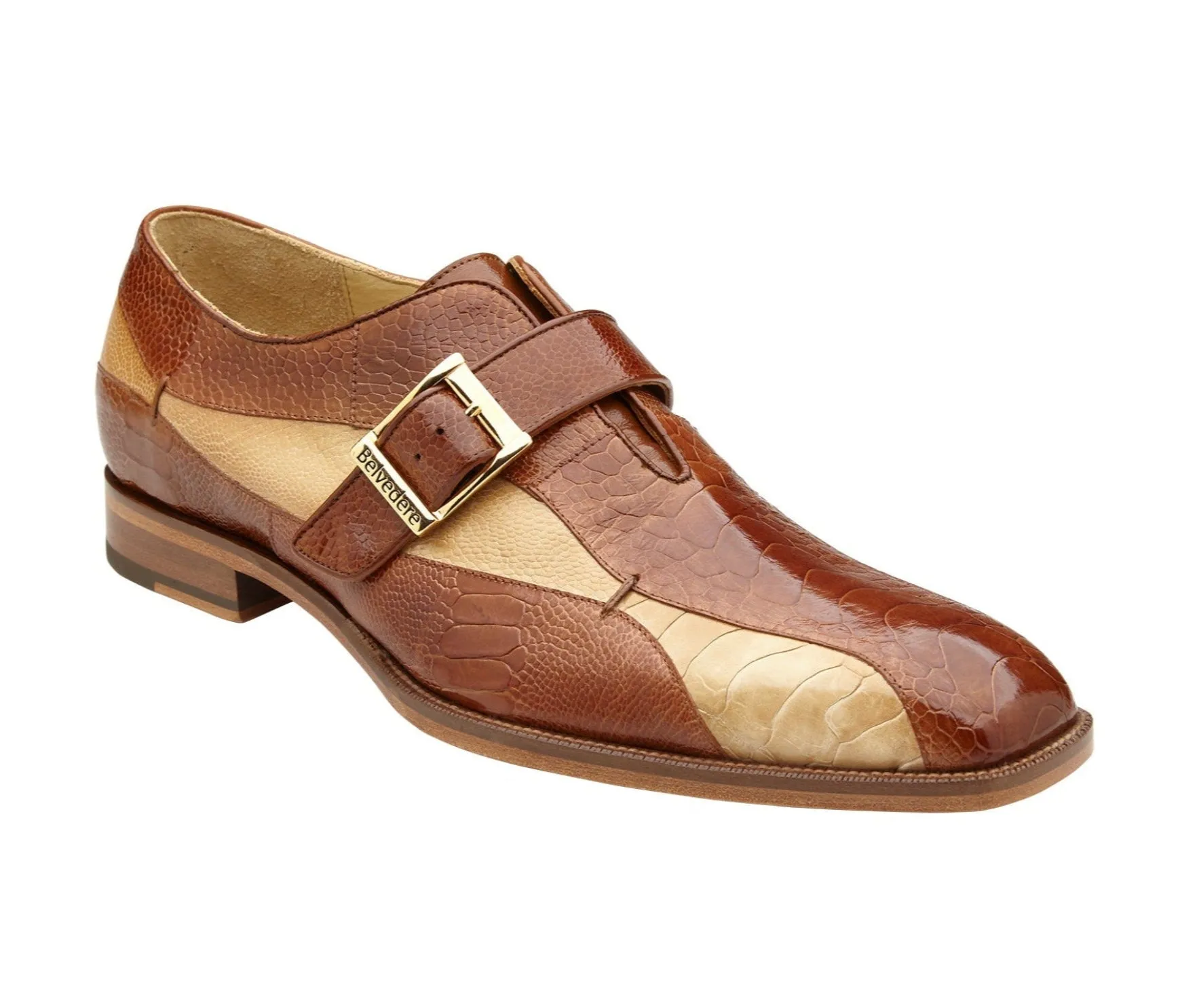 Belvedere Marte Monk Strap Shoes in Antique Camel & Bone Genuine Ostrich Greek Ease