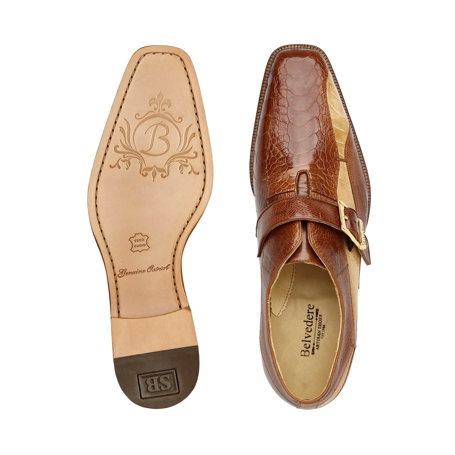Corner Style Mesh Cool Belvedere Marte Monk Strap Shoes in Antique Camel & Bone Genuine Ostrich