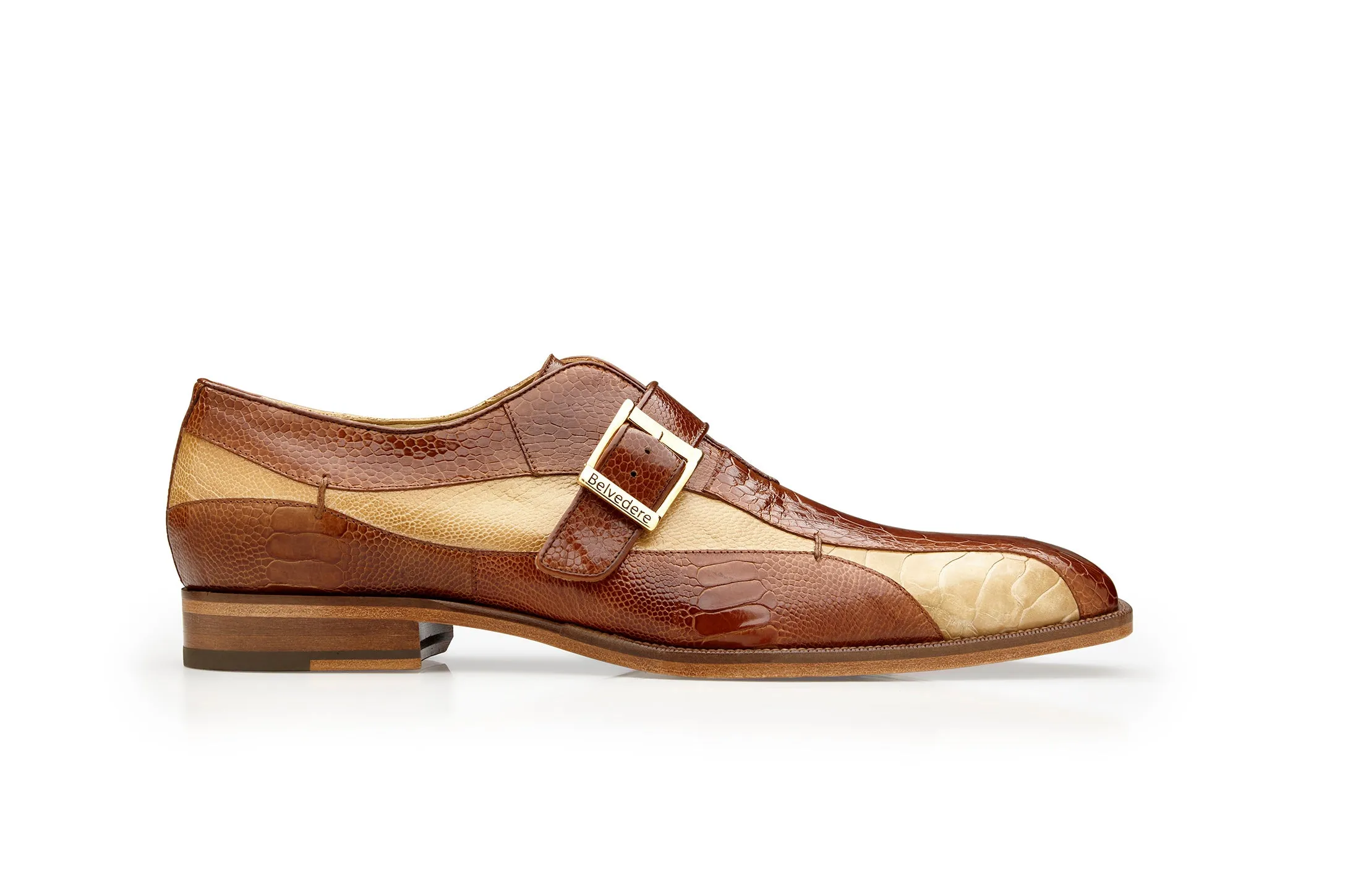 City Pace Universal Fit Belvedere Marte Monk Strap Shoes in Antique Camel & Bone Genuine Ostrich