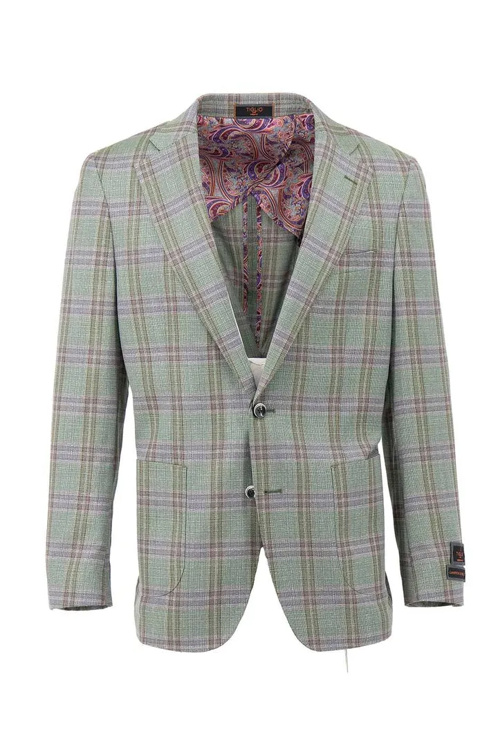 Tiglio Luxe Pistachio with Windowpane Dolcetto/THP Modern Fit half lined, Pure Wool Jacket TL4221 Shawl Lapel