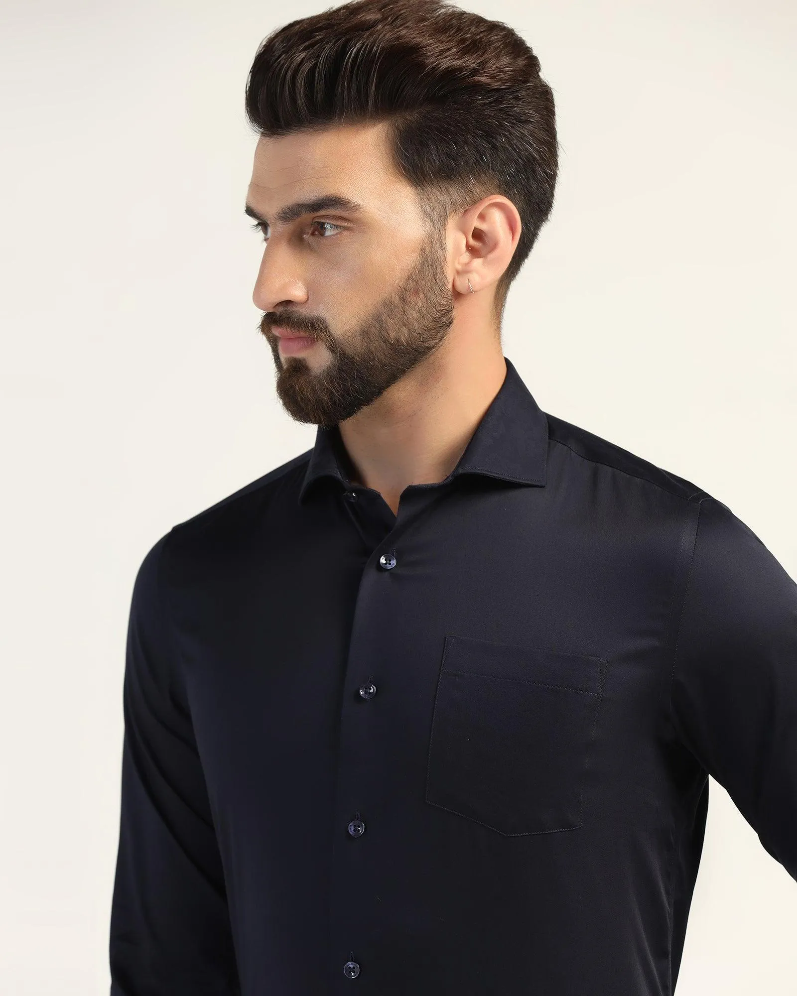 Roll-Up Sleeve Formal Navy Solid Shirt - Fusion