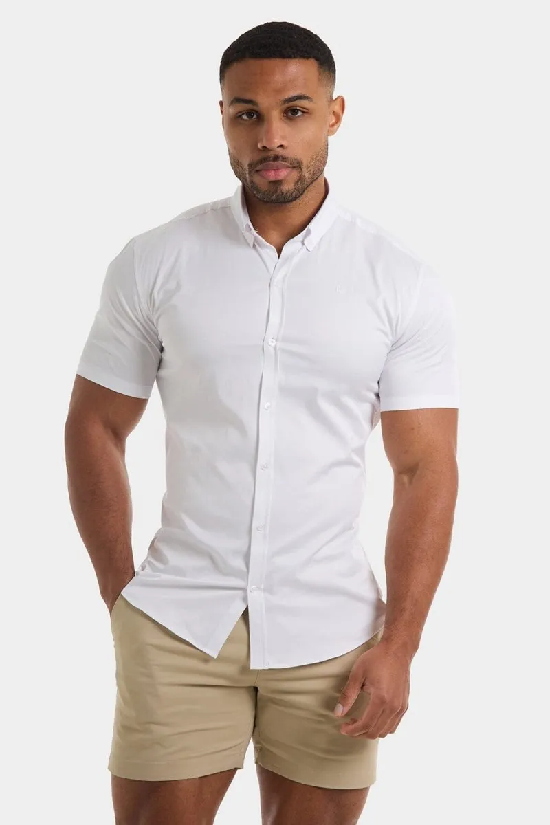 Athletic Fit Short Sleeve Signature Shirt in White Lightweight texture No Bulk Layering System