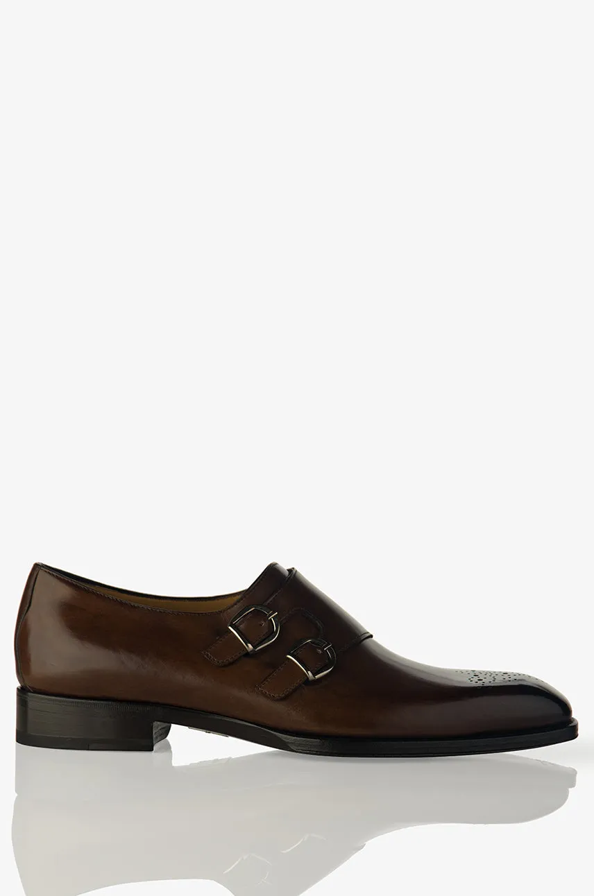David August Leather Cap Toe Double Monk-strap Shoes in Reverse Sombrero Adjustable Hook and Loop Closure
