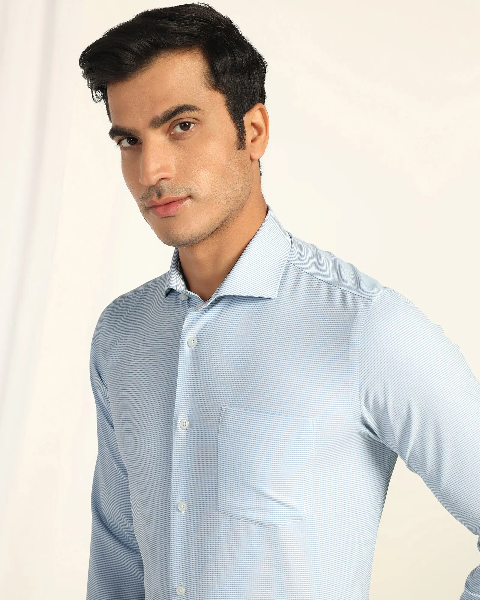Tailored Fit Embroidered Logo Non Iron Formal Blue Textured Shirt - Wise
