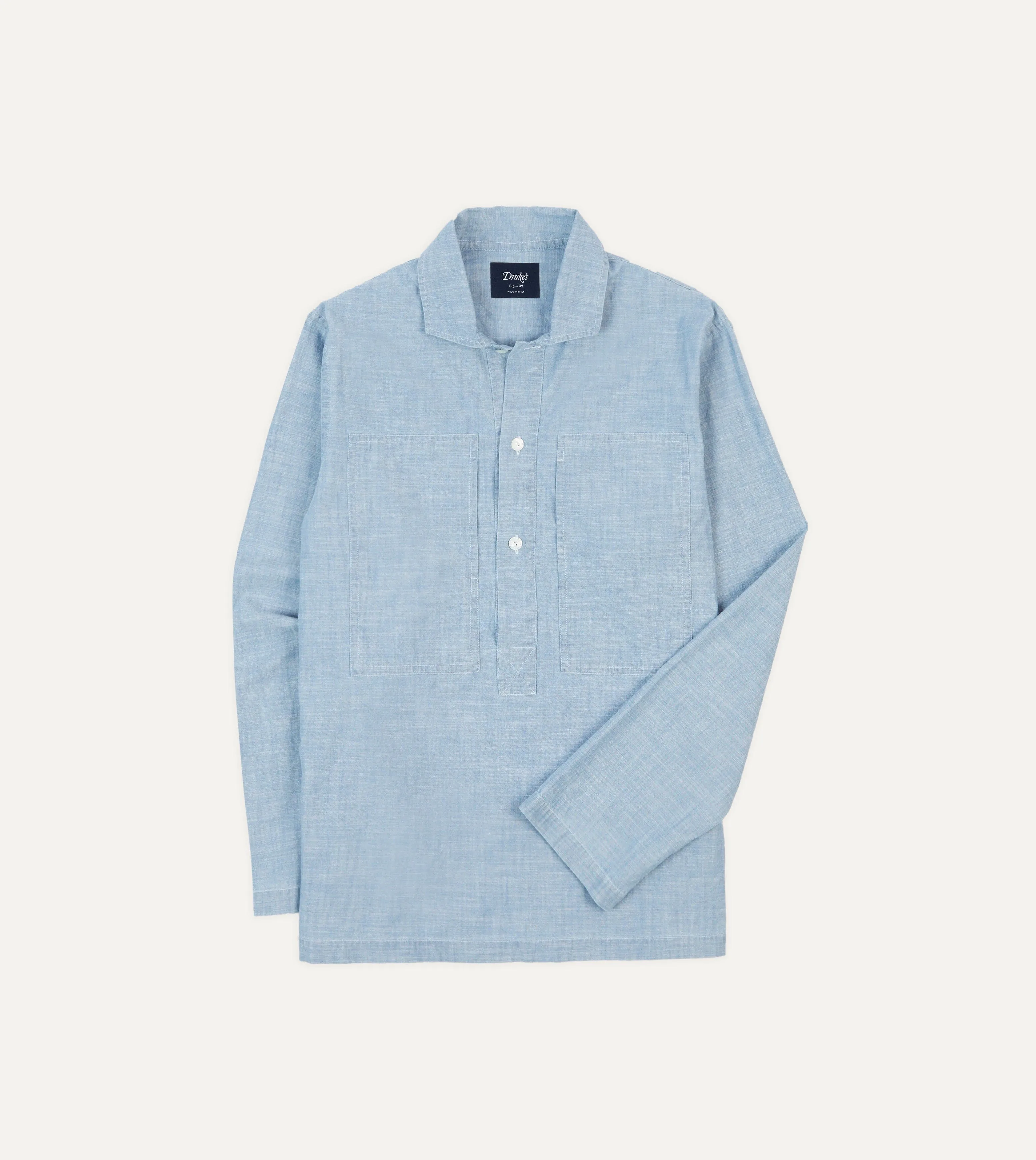 Blue Cotton Chambray Spread Collar Popover Shirt handmade touch