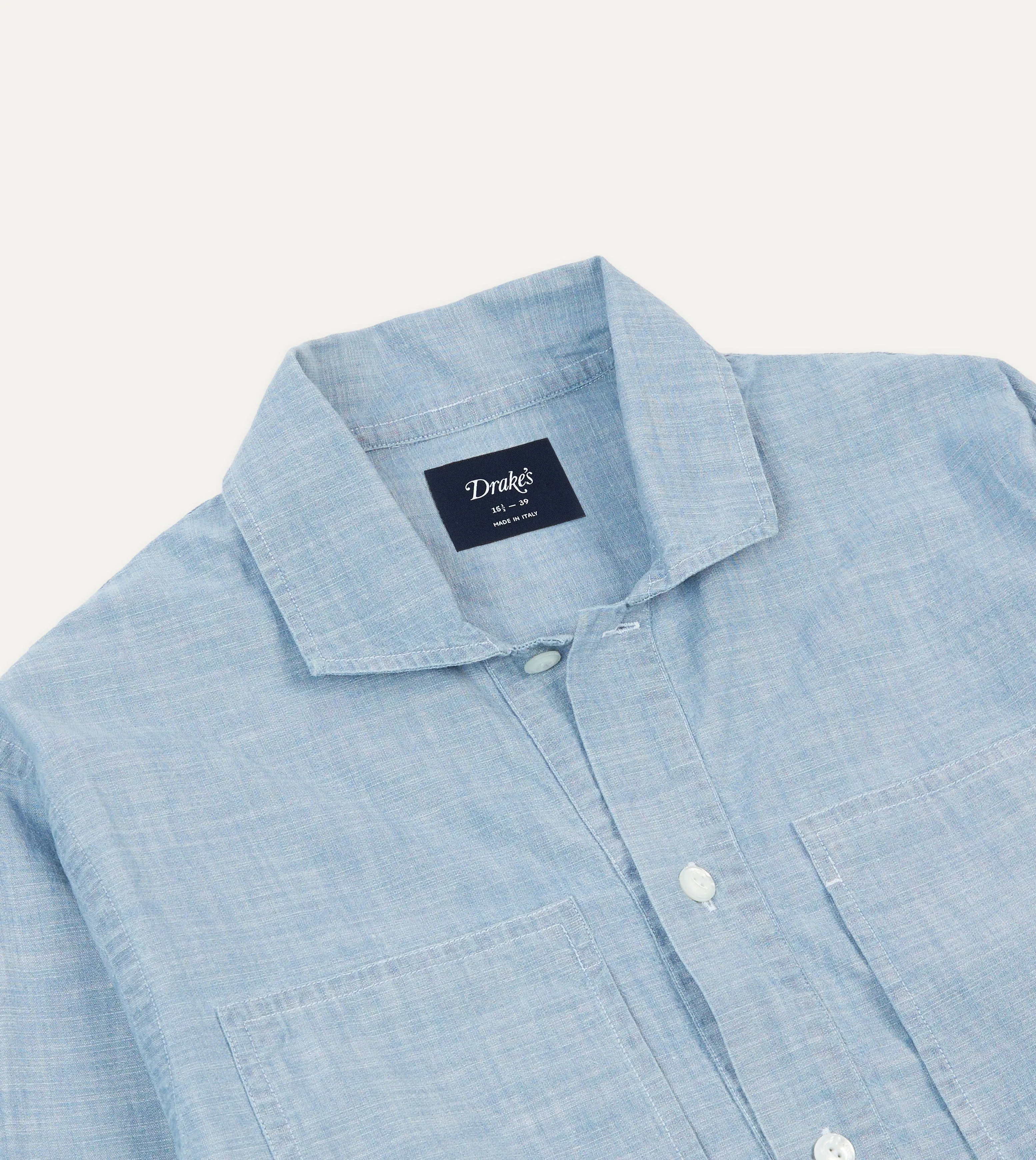 Blue Cotton Chambray Spread Collar Popover Shirt Slim Silhouette Lightweight Layer