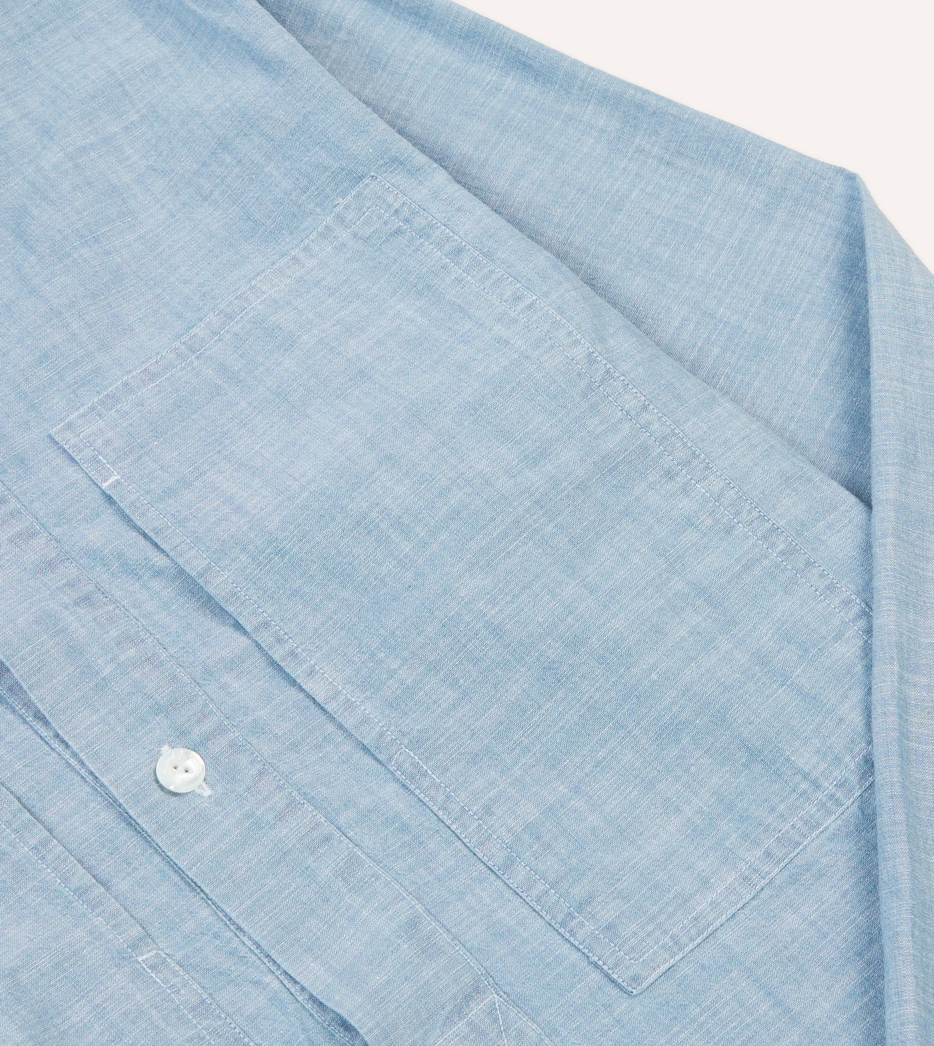 Blue Cotton Chambray Spread Collar Popover Shirt Summer Camp