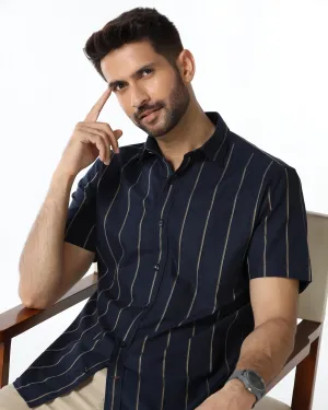 Pocket Detailing Navy Half Sleeve Stripe Shirt - Huon