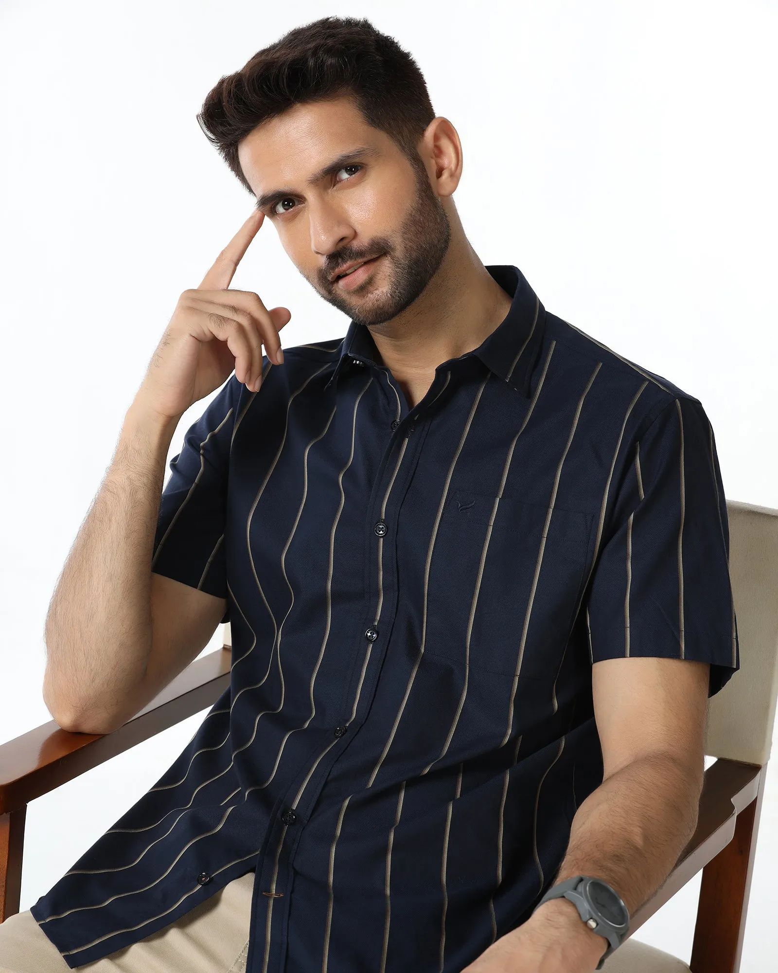 Pocket Detailing Navy Half Sleeve Stripe Shirt - Huon