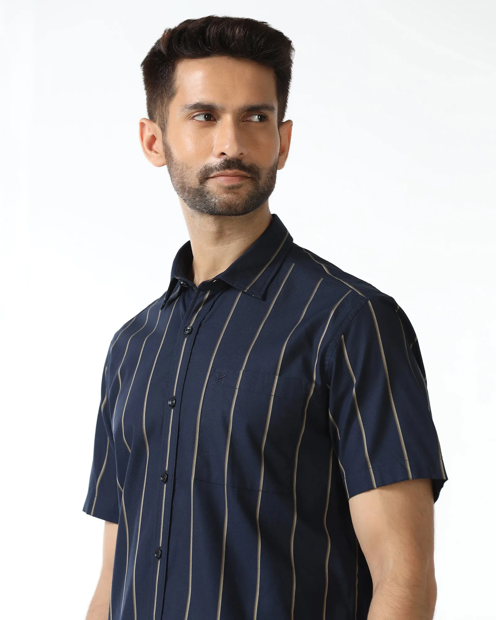 Bold Statement Navy Half Sleeve Stripe Shirt - Huon