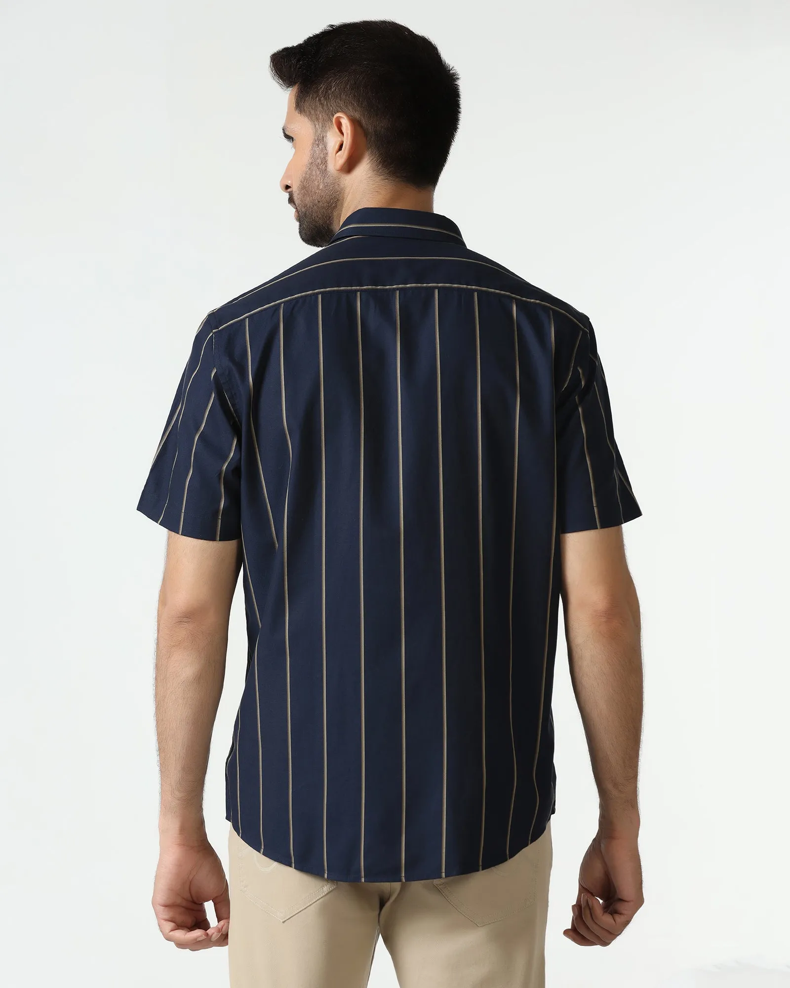 Hypoallergenic Lining Wrinkle Resistant Navy Half Sleeve Stripe Shirt - Huon